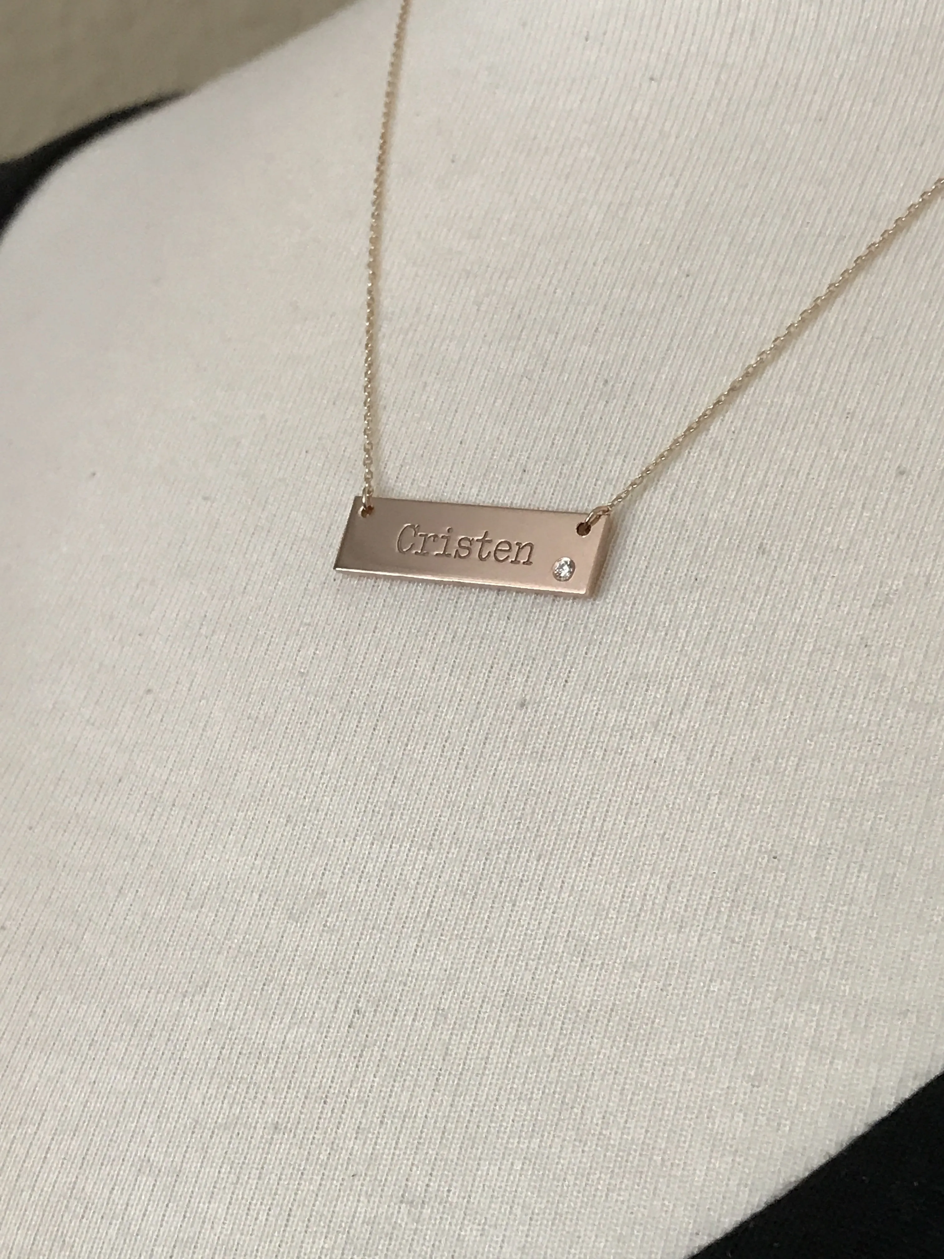 14k Yellow White Rose Gold .03 CTW Diamond Bar Necklace Engraved