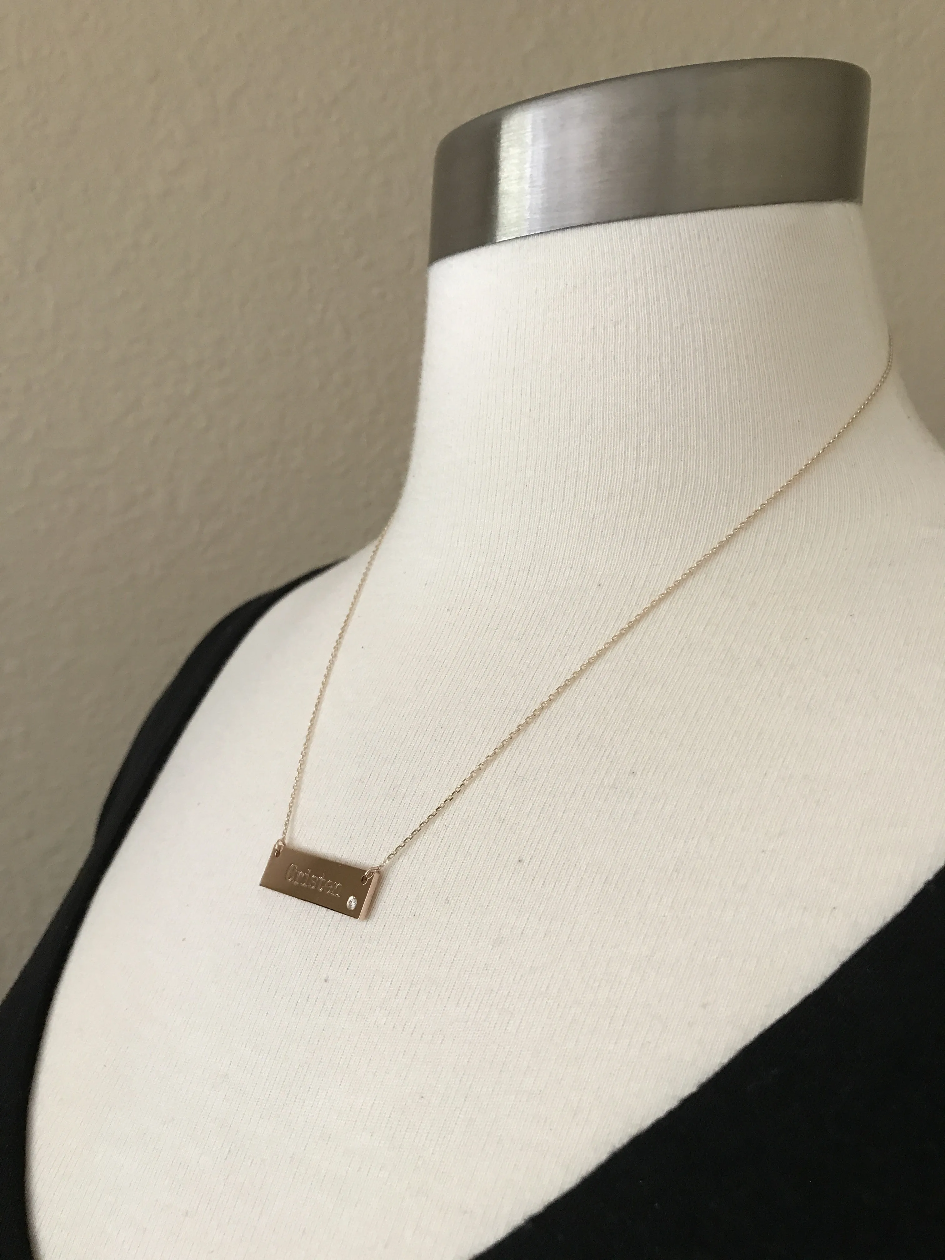 14k Yellow White Rose Gold .03 CTW Diamond Bar Necklace Engraved