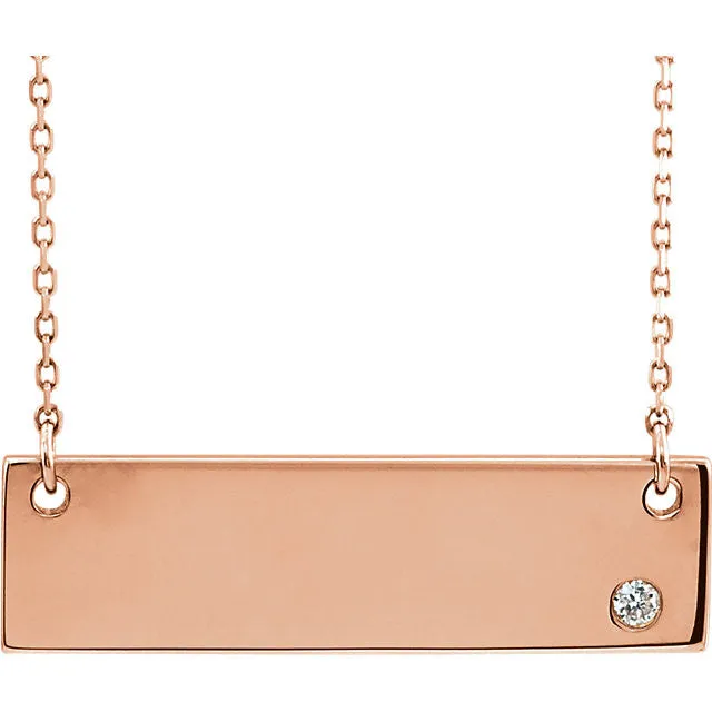 14k Yellow White Rose Gold .03 CTW Diamond Bar Necklace Engraved