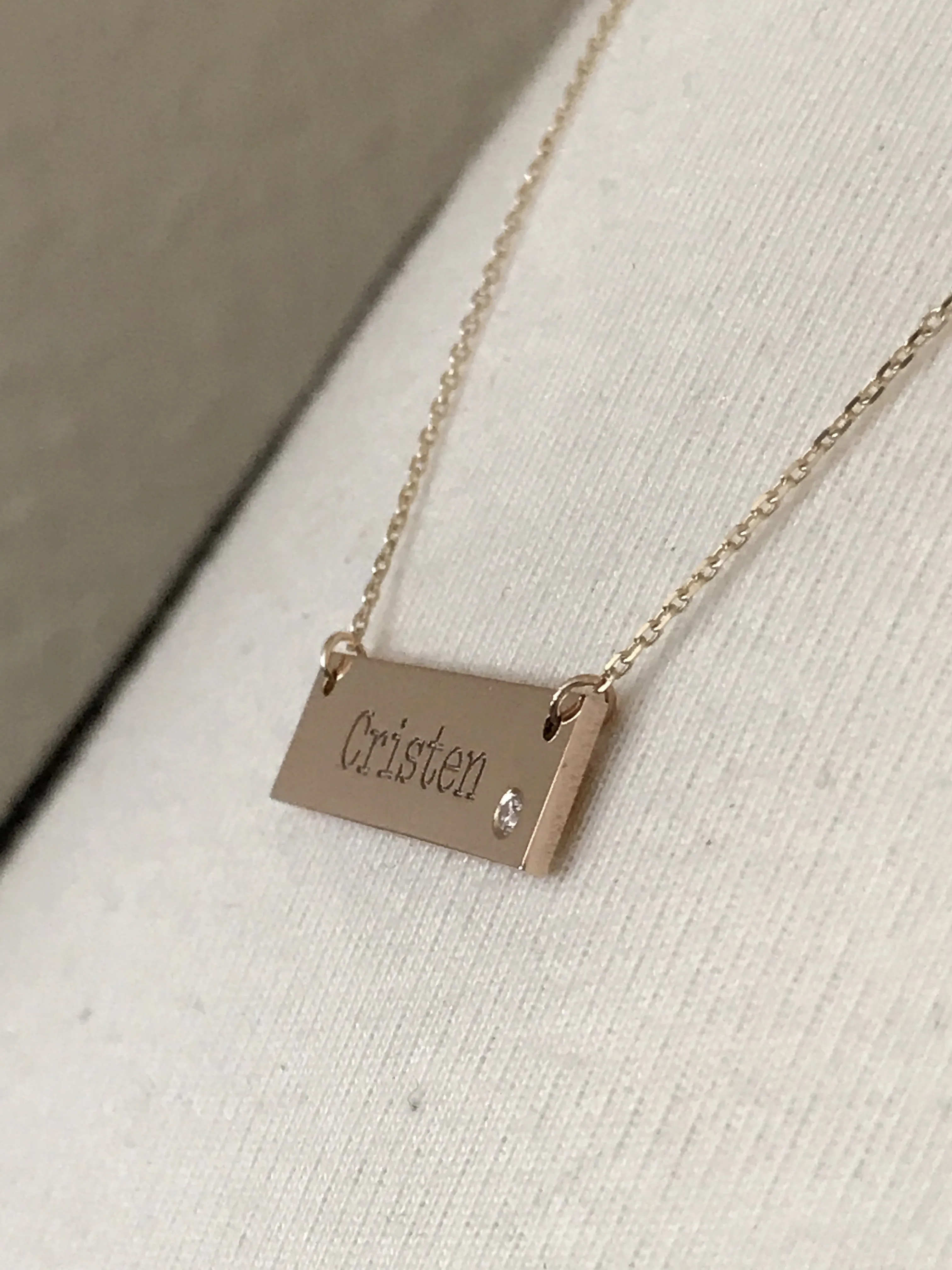 14k Yellow White Rose Gold .03 CTW Diamond Bar Necklace Engraved
