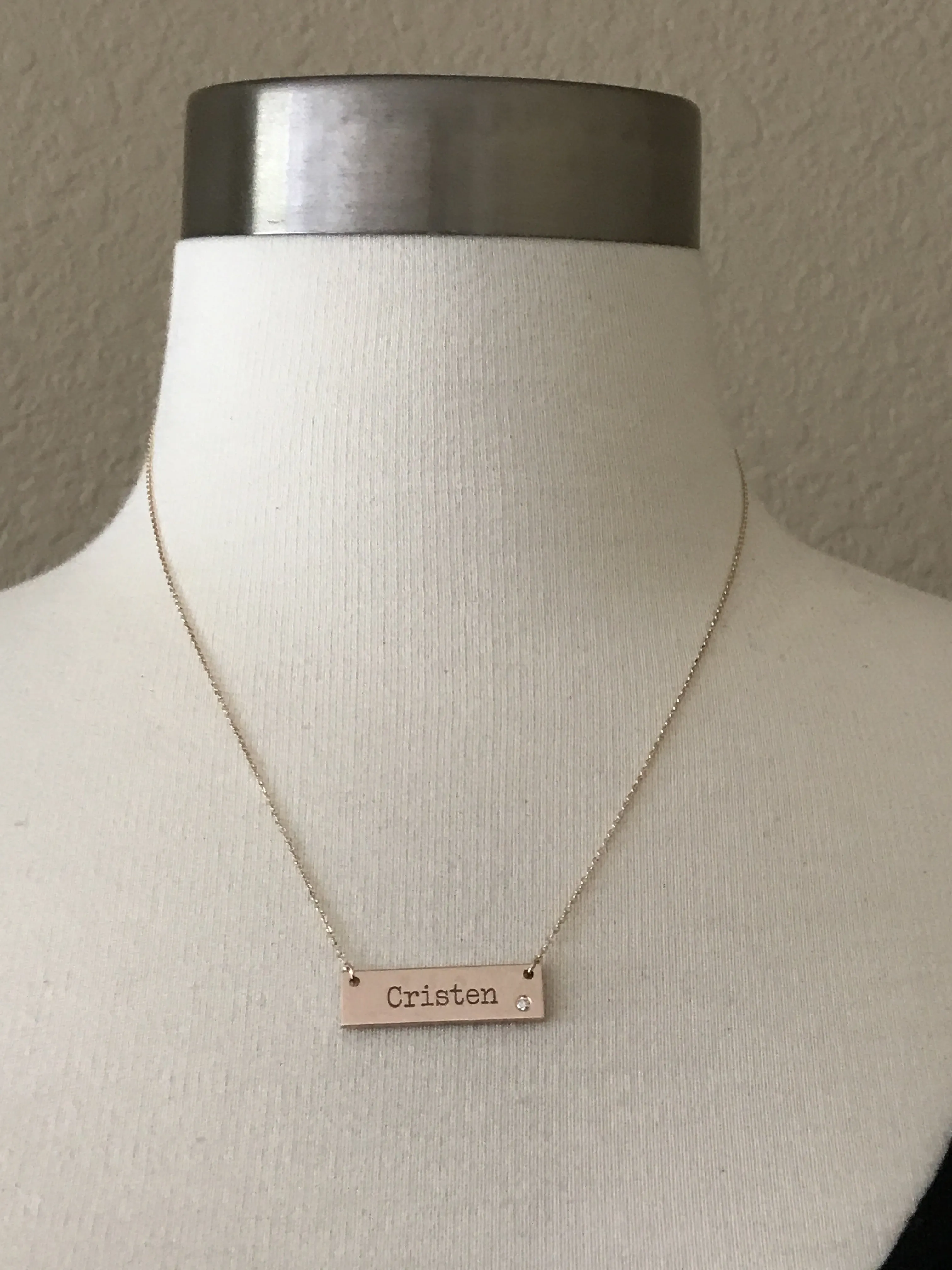14k Yellow White Rose Gold .03 CTW Diamond Bar Necklace Engraved