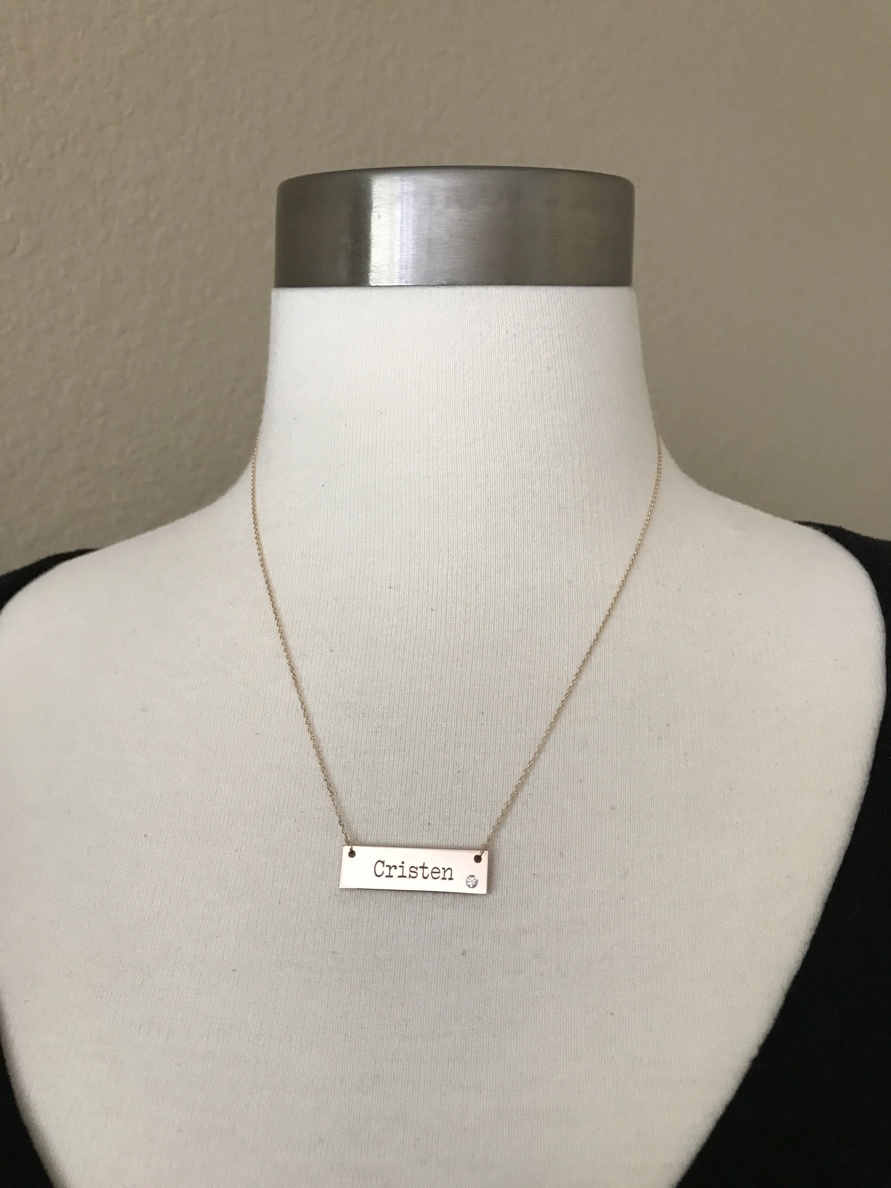 14k Yellow White Rose Gold .03 CTW Diamond Bar Necklace Engraved