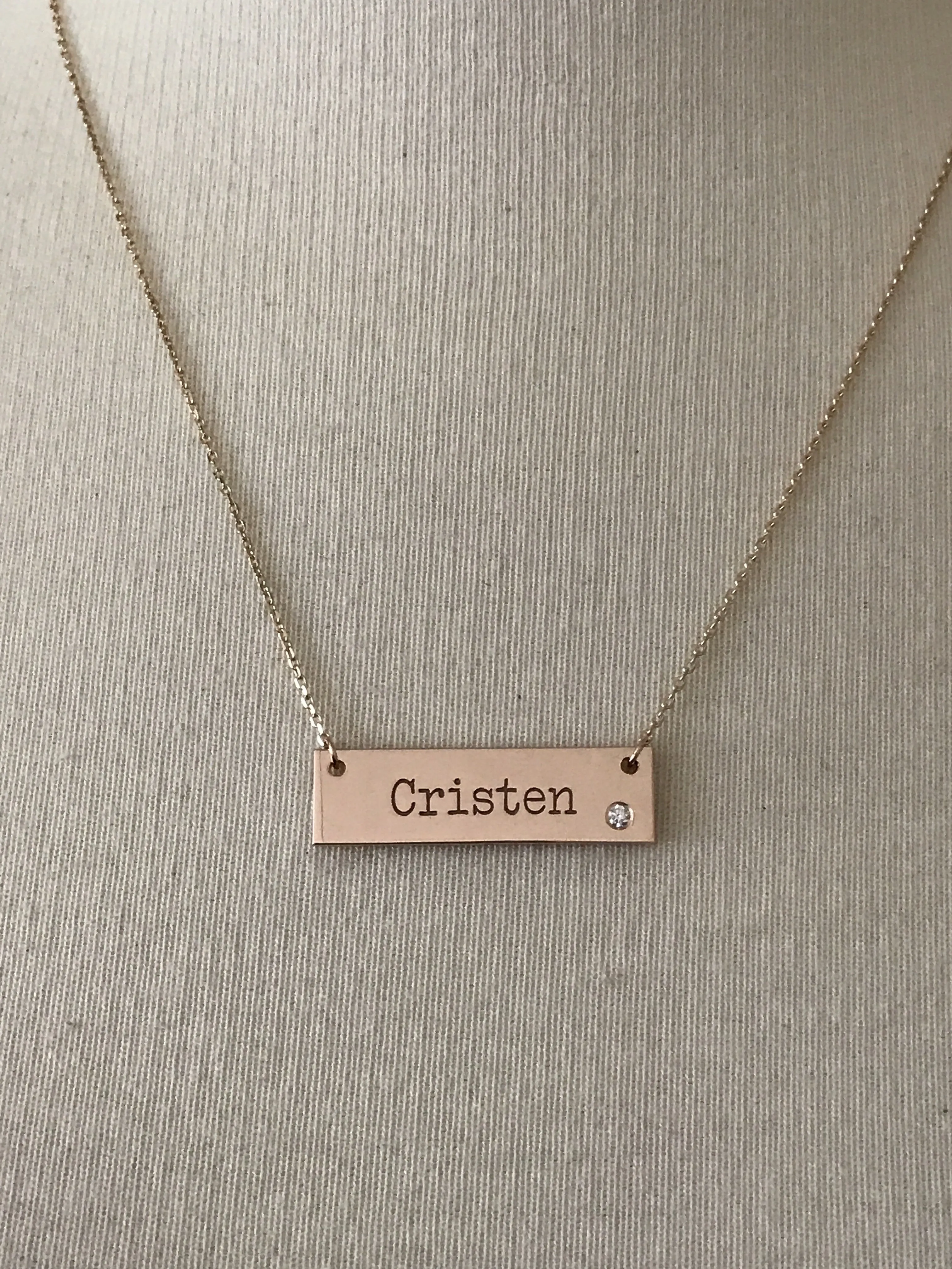14k Yellow White Rose Gold .03 CTW Diamond Bar Necklace Engraved