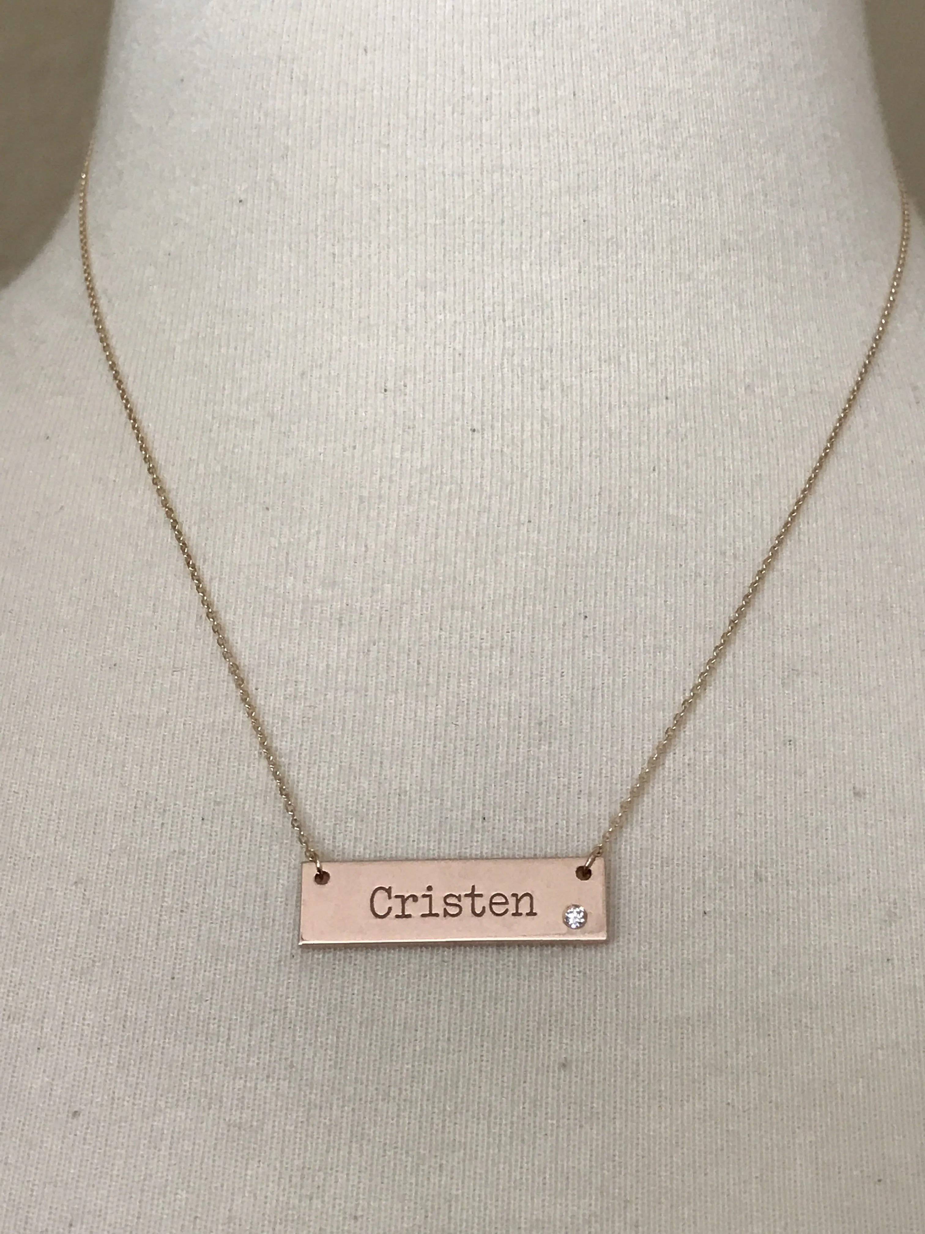 14k Yellow White Rose Gold .03 CTW Diamond Bar Necklace Engraved