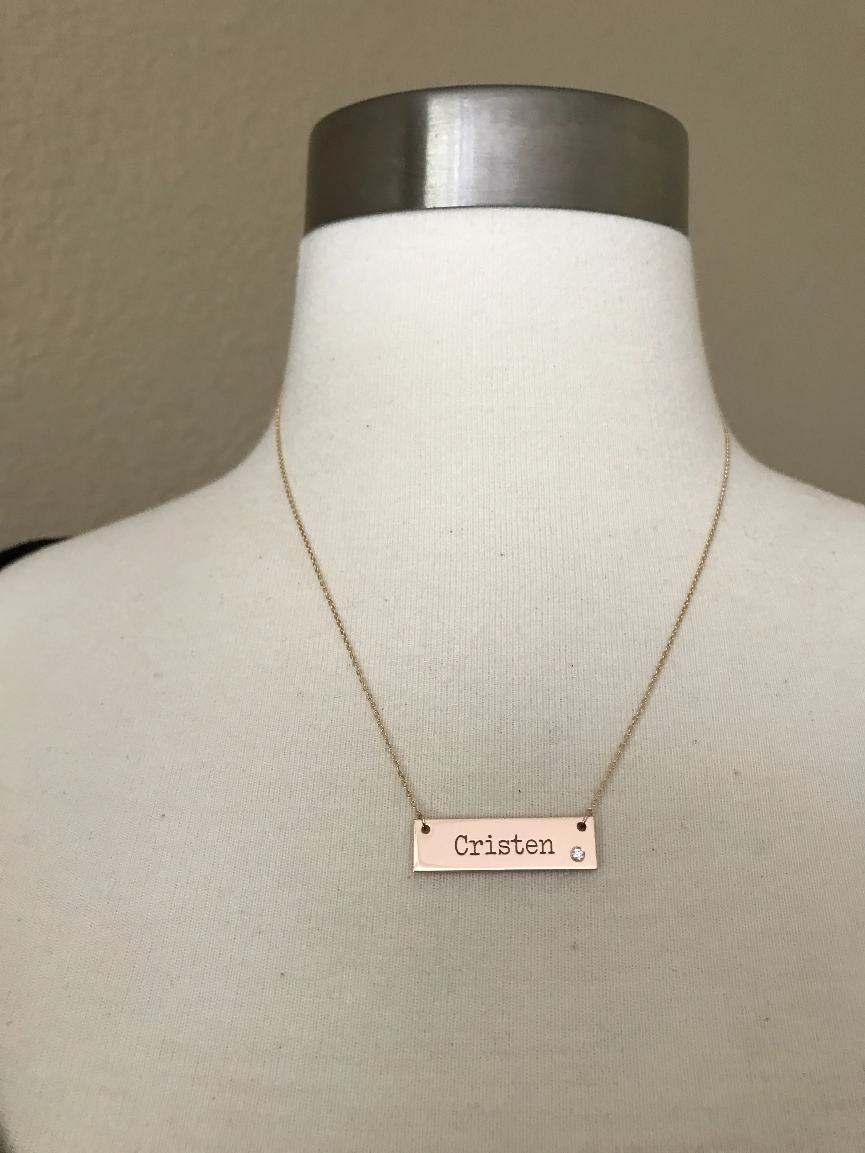 14k Yellow White Rose Gold .03 CTW Diamond Bar Necklace Engraved