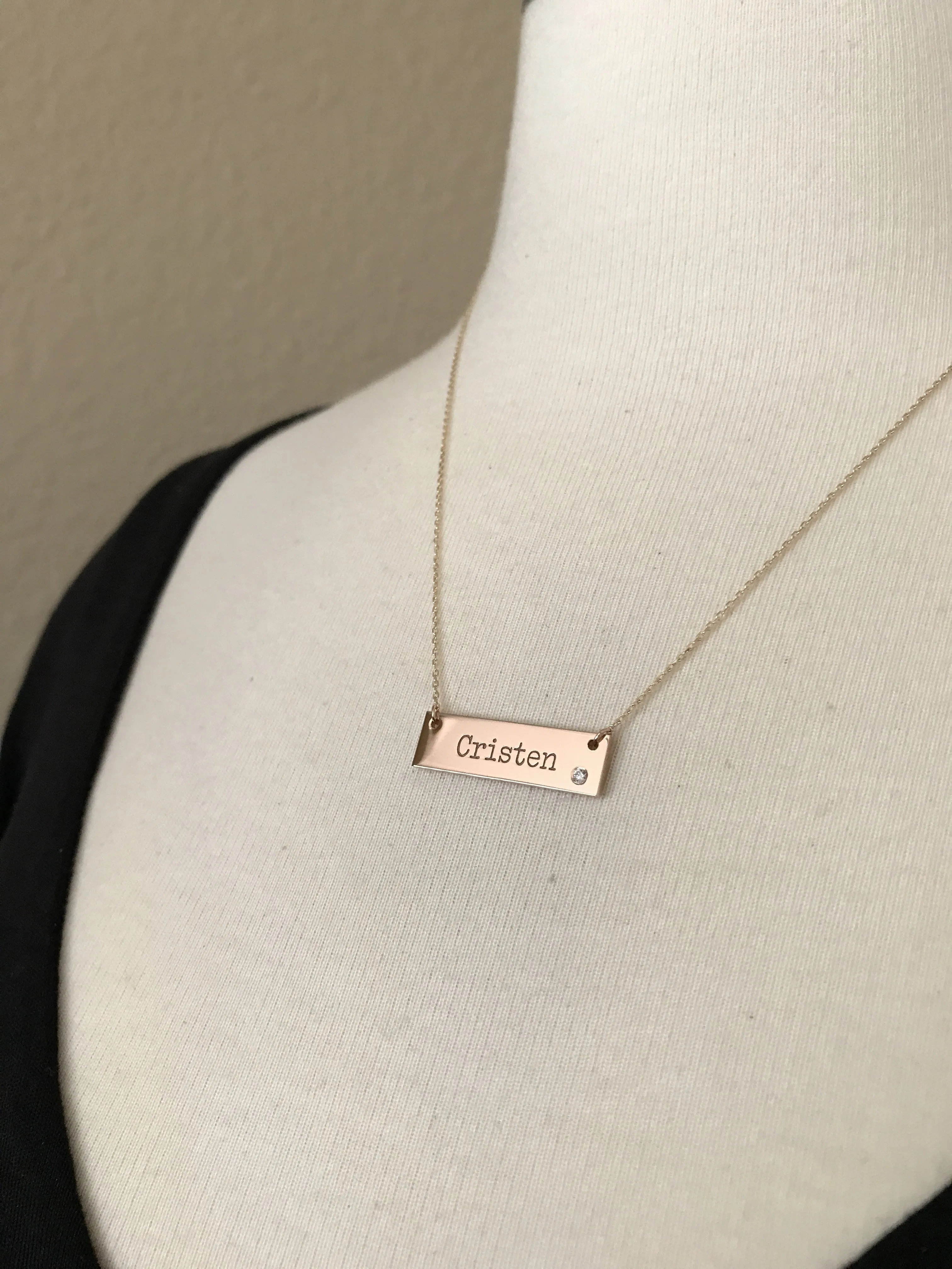 14k Yellow White Rose Gold .03 CTW Diamond Bar Necklace Engraved