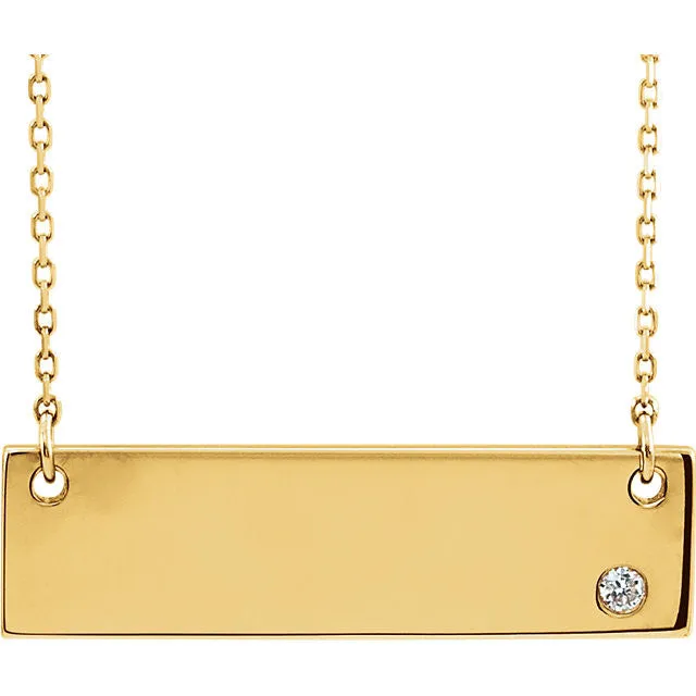 14k Yellow White Rose Gold .03 CTW Diamond Bar Necklace Engraved