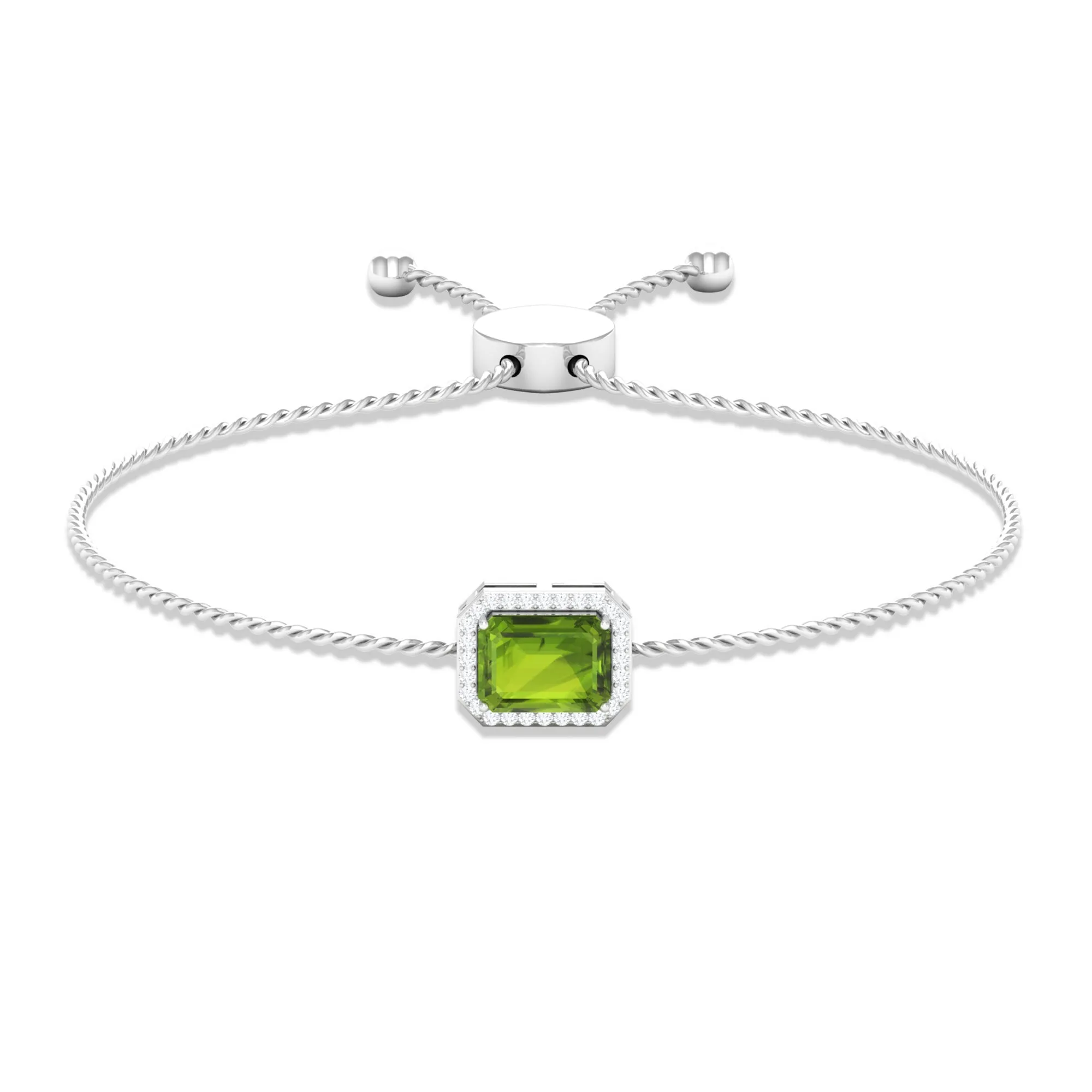 2 CT Emerald Cut Peridot and Diamond Bolo Chain Bracelet