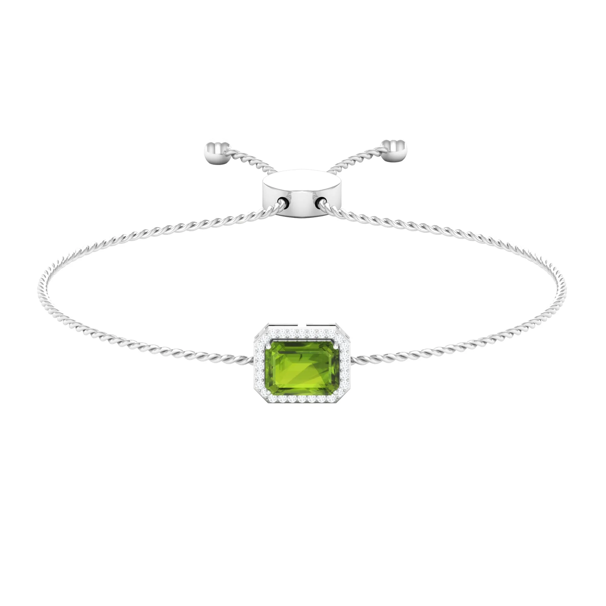 2 CT Emerald Cut Peridot and Diamond Bolo Chain Bracelet