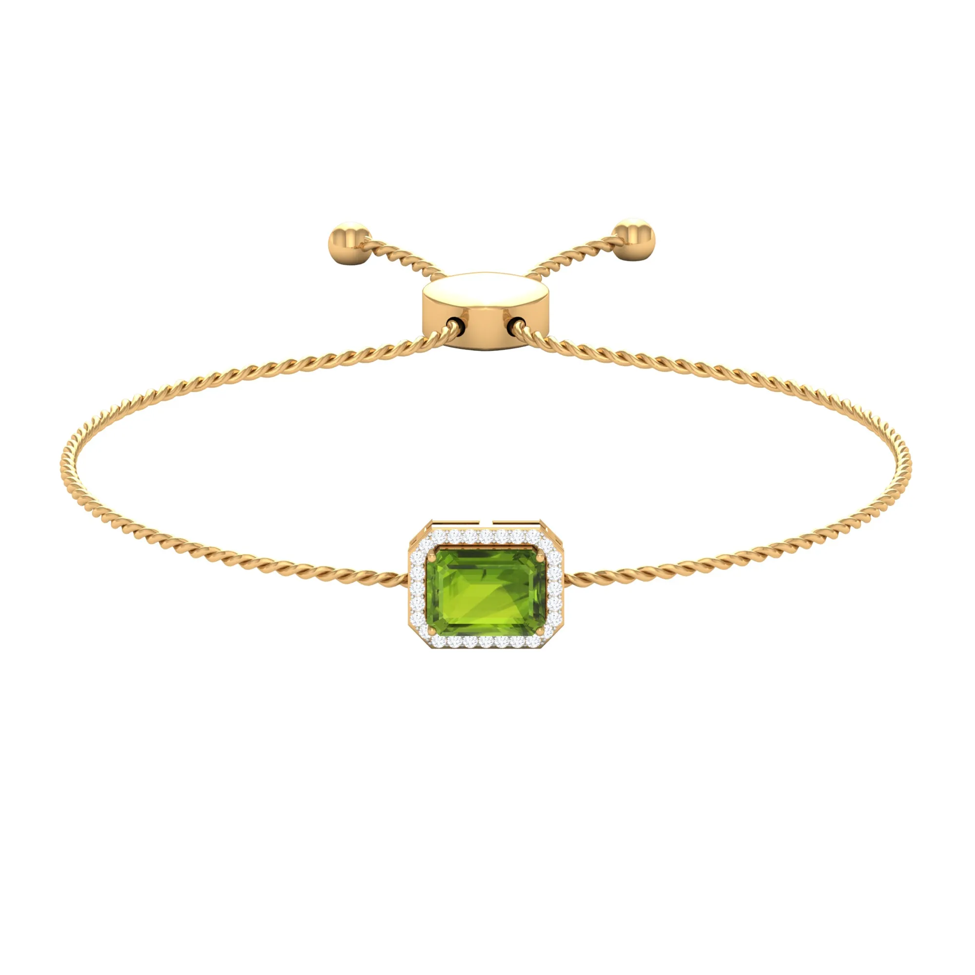 2 CT Emerald Cut Peridot and Diamond Bolo Chain Bracelet
