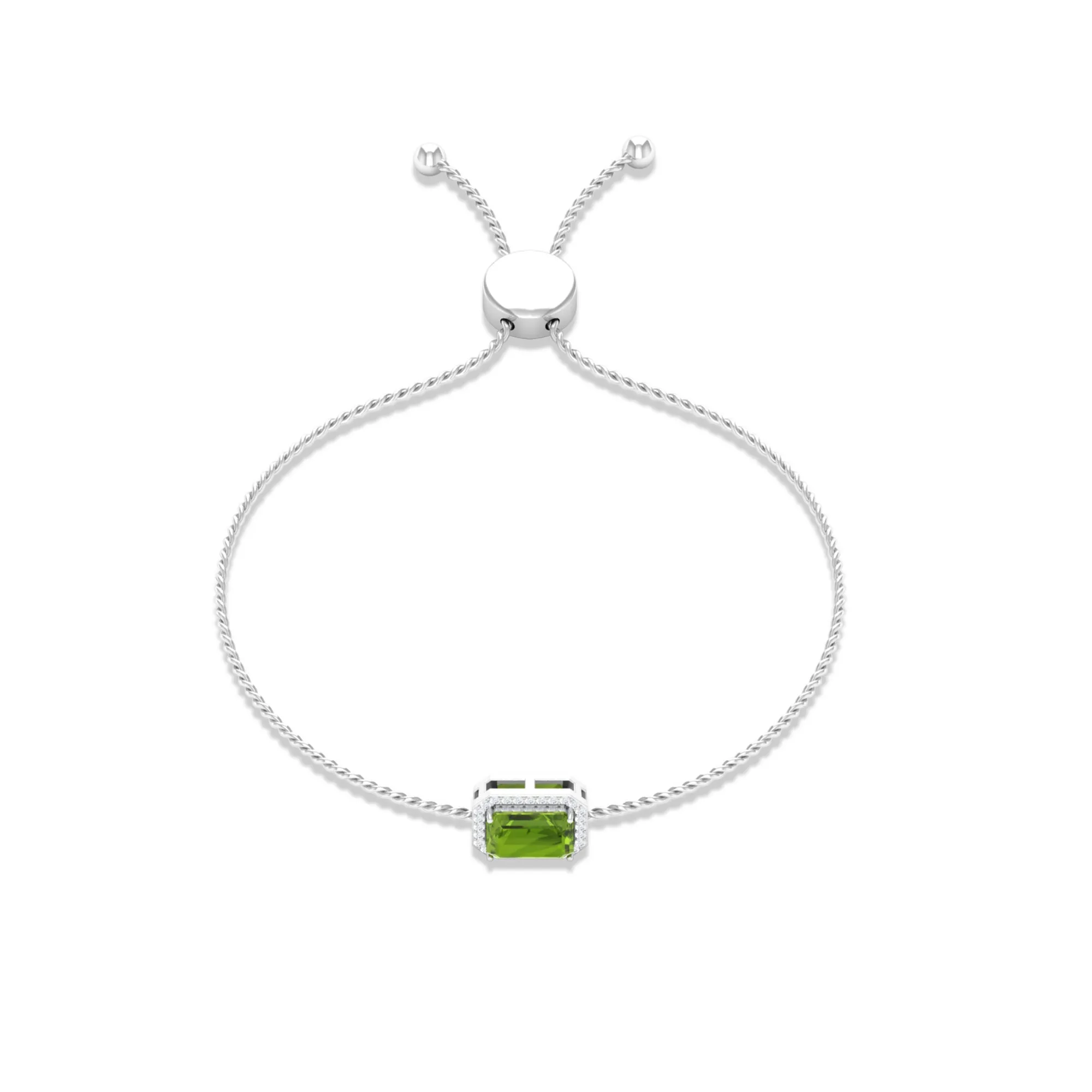 2 CT Emerald Cut Peridot and Diamond Bolo Chain Bracelet