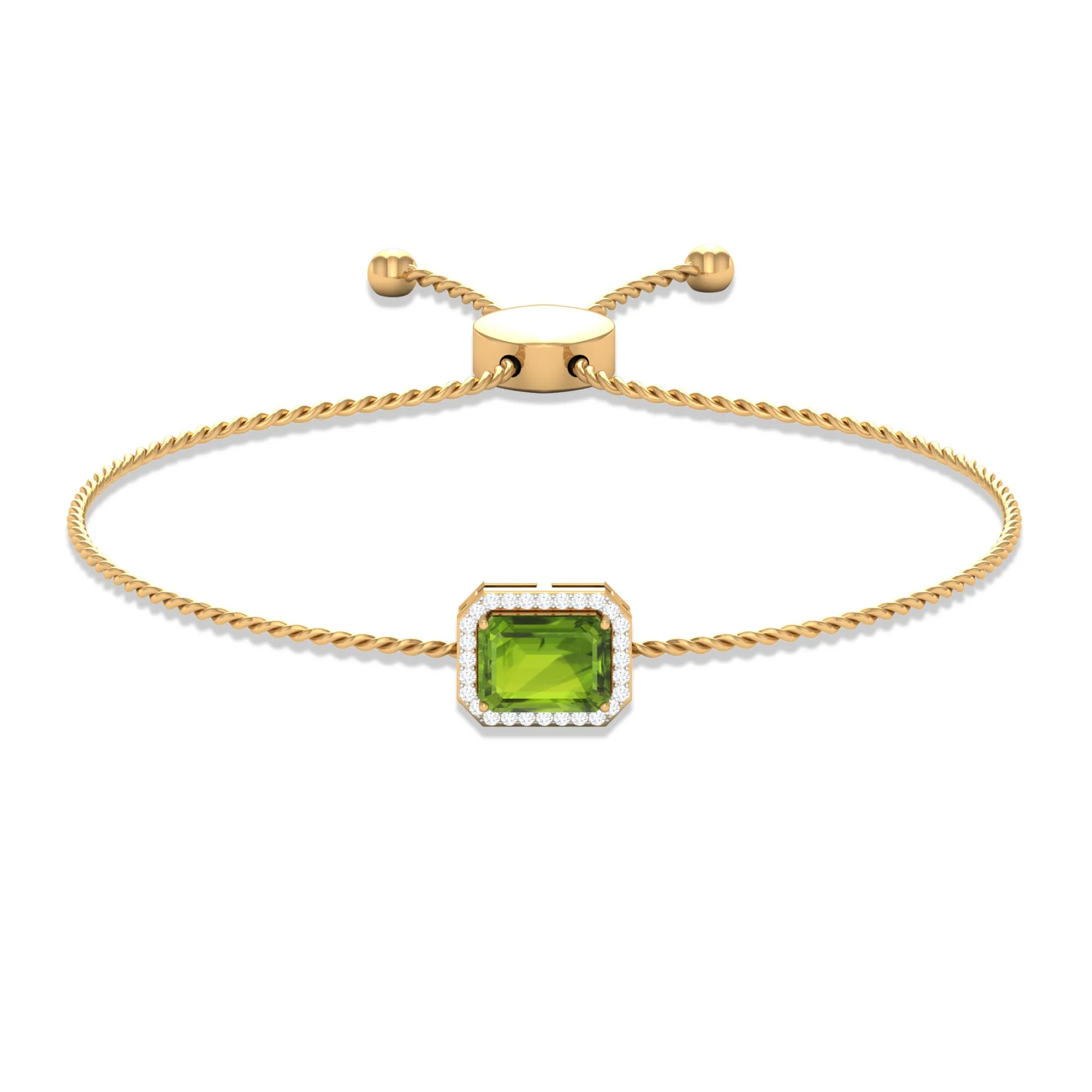 2 CT Emerald Cut Peridot and Diamond Bolo Chain Bracelet