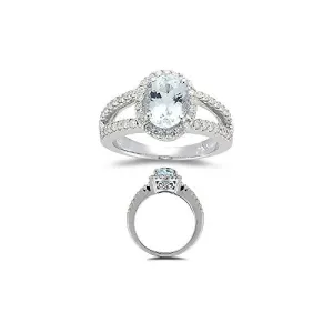 2.25 Cts Diamond & 9x7 mm AA Oval Aquamarine Ring in 14K White Gold