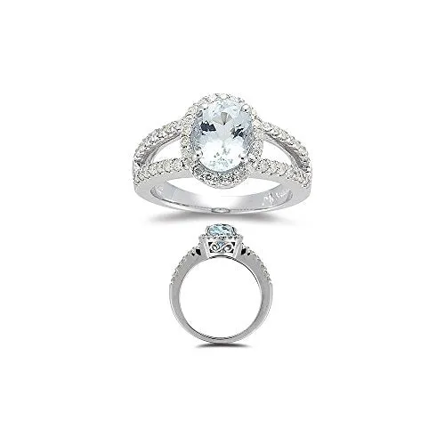 2.25 Cts Diamond & 9x7 mm AA Oval Aquamarine Ring in 14K White Gold