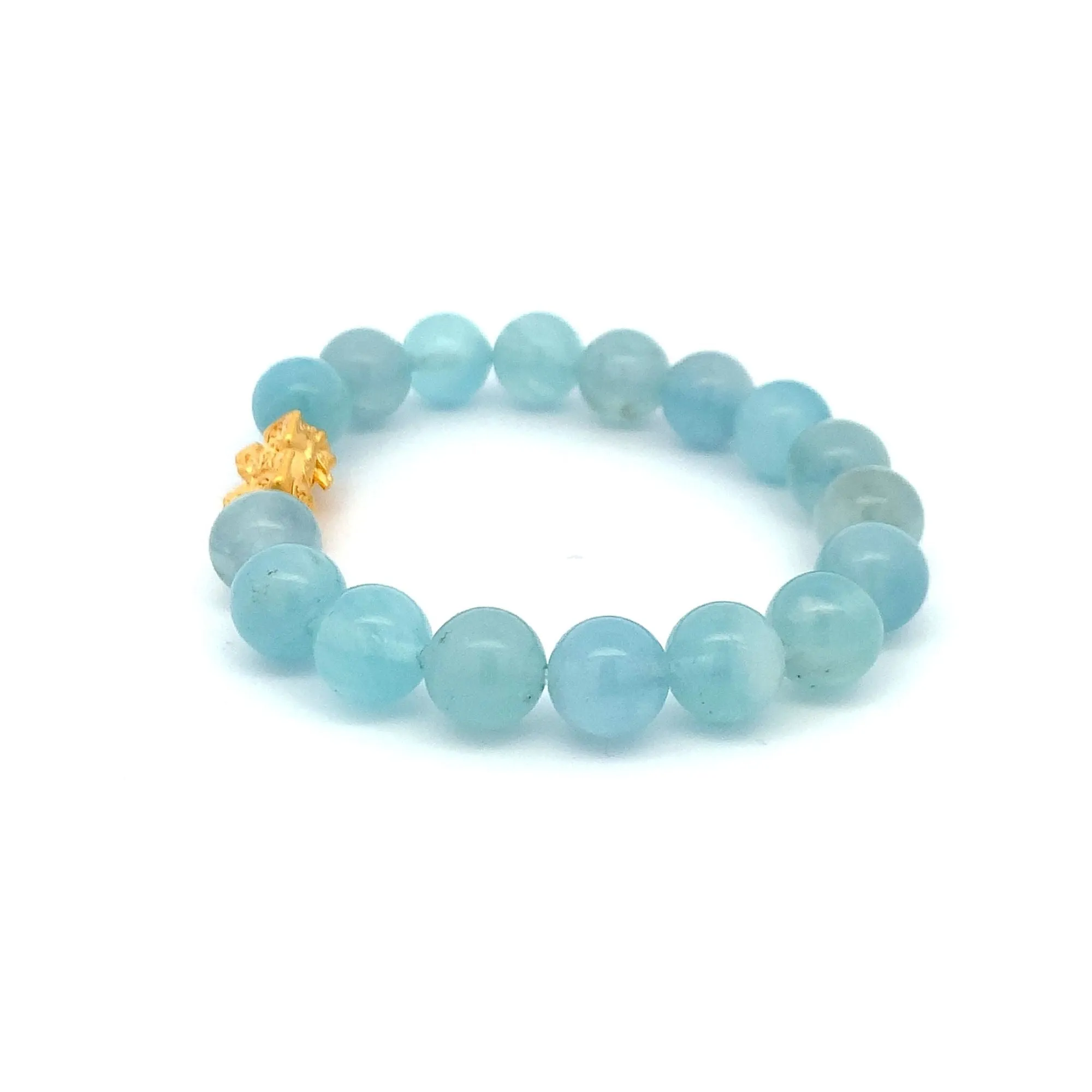 24K Gold Piyao Pixiu Lucky Charm Bracelet Gemstones Aquamarine Light Blue 9-10mm