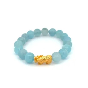 24K Gold Piyao Pixiu Lucky Charm Bracelet Gemstones Aquamarine Light Blue 9-10mm