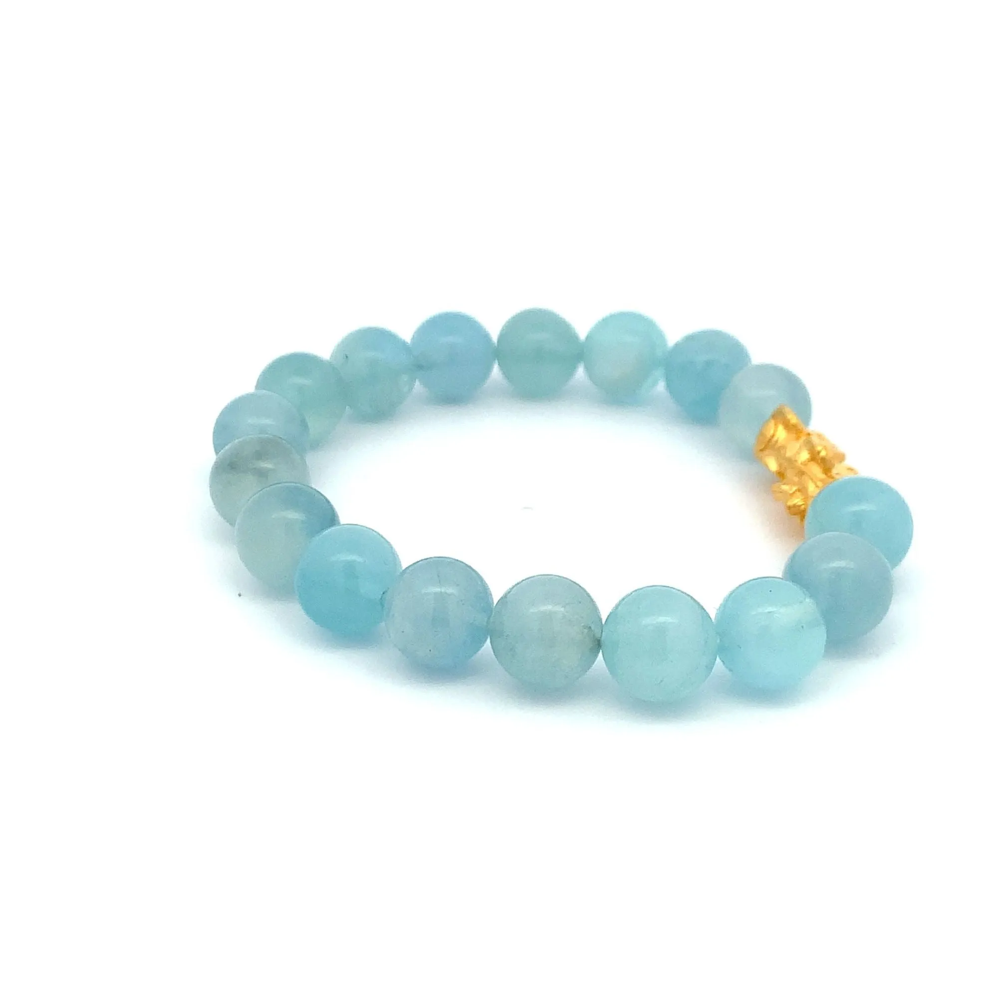 24K Gold Piyao Pixiu Lucky Charm Bracelet Gemstones Aquamarine Light Blue 9-10mm