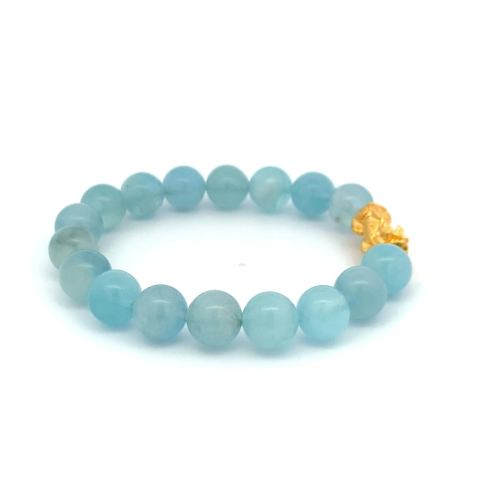 24K Gold Piyao Pixiu Lucky Charm Bracelet Gemstones Aquamarine Light Blue 9-10mm