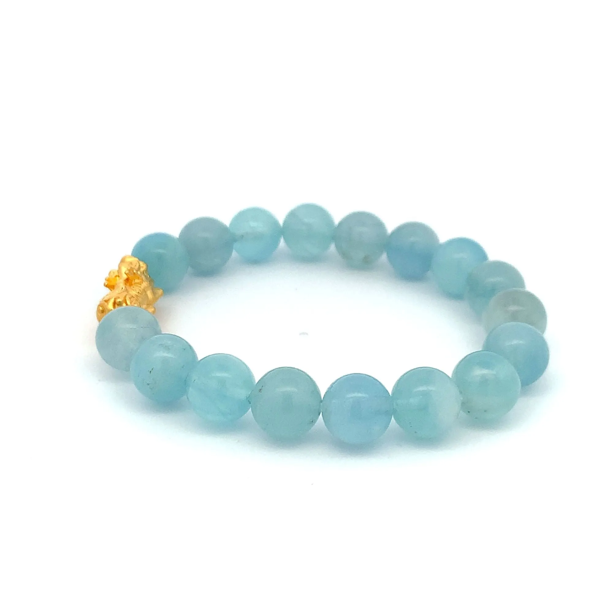 24K Gold Piyao Pixiu Lucky Charm Bracelet Gemstones Aquamarine Light Blue 9-10mm