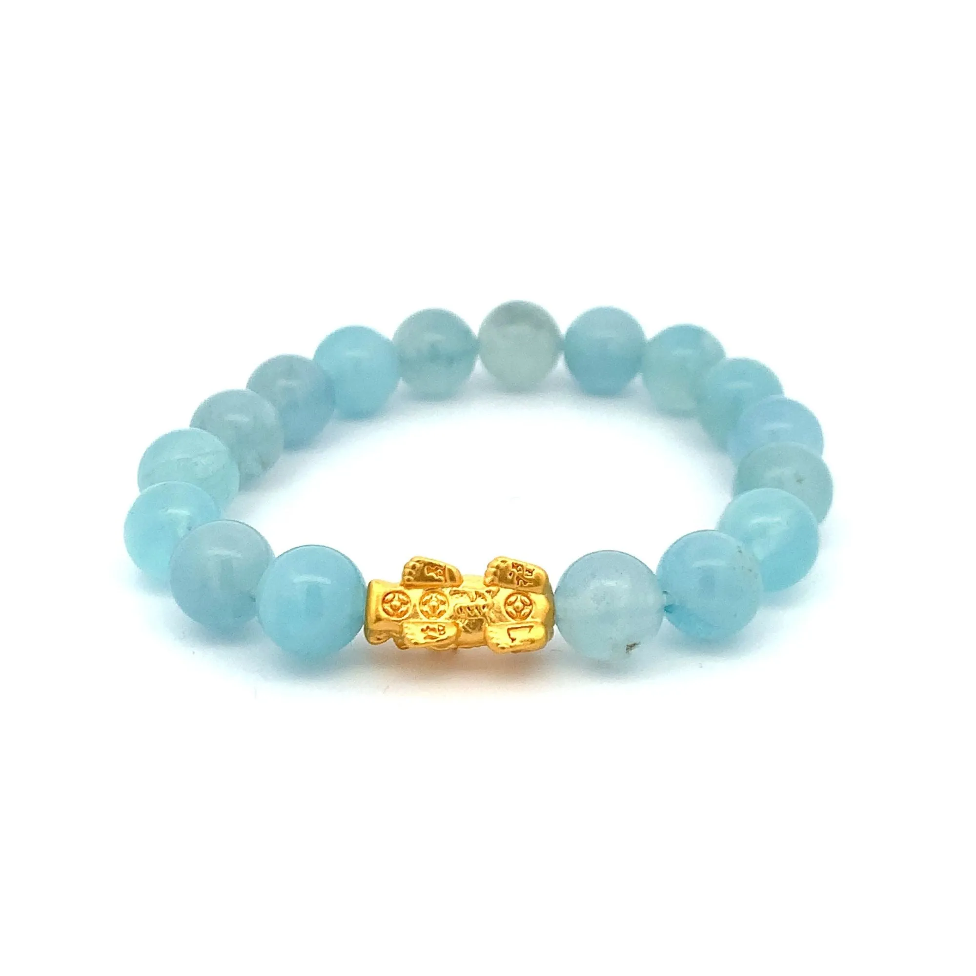 24K Gold Piyao Pixiu Lucky Charm Bracelet Gemstones Aquamarine Light Blue 9-10mm