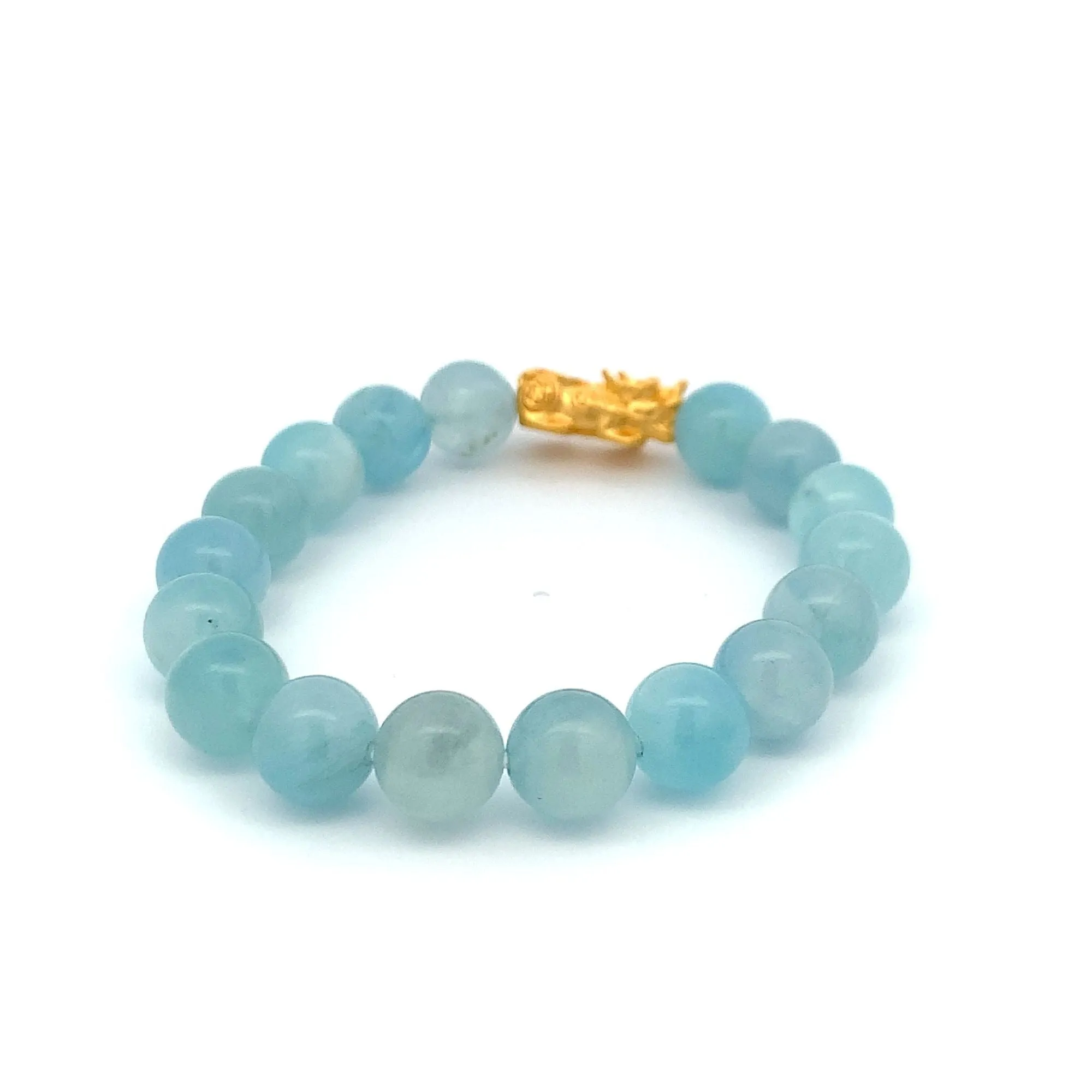 24K Gold Piyao Pixiu Lucky Charm Bracelet Gemstones Aquamarine Light Blue 9-10mm