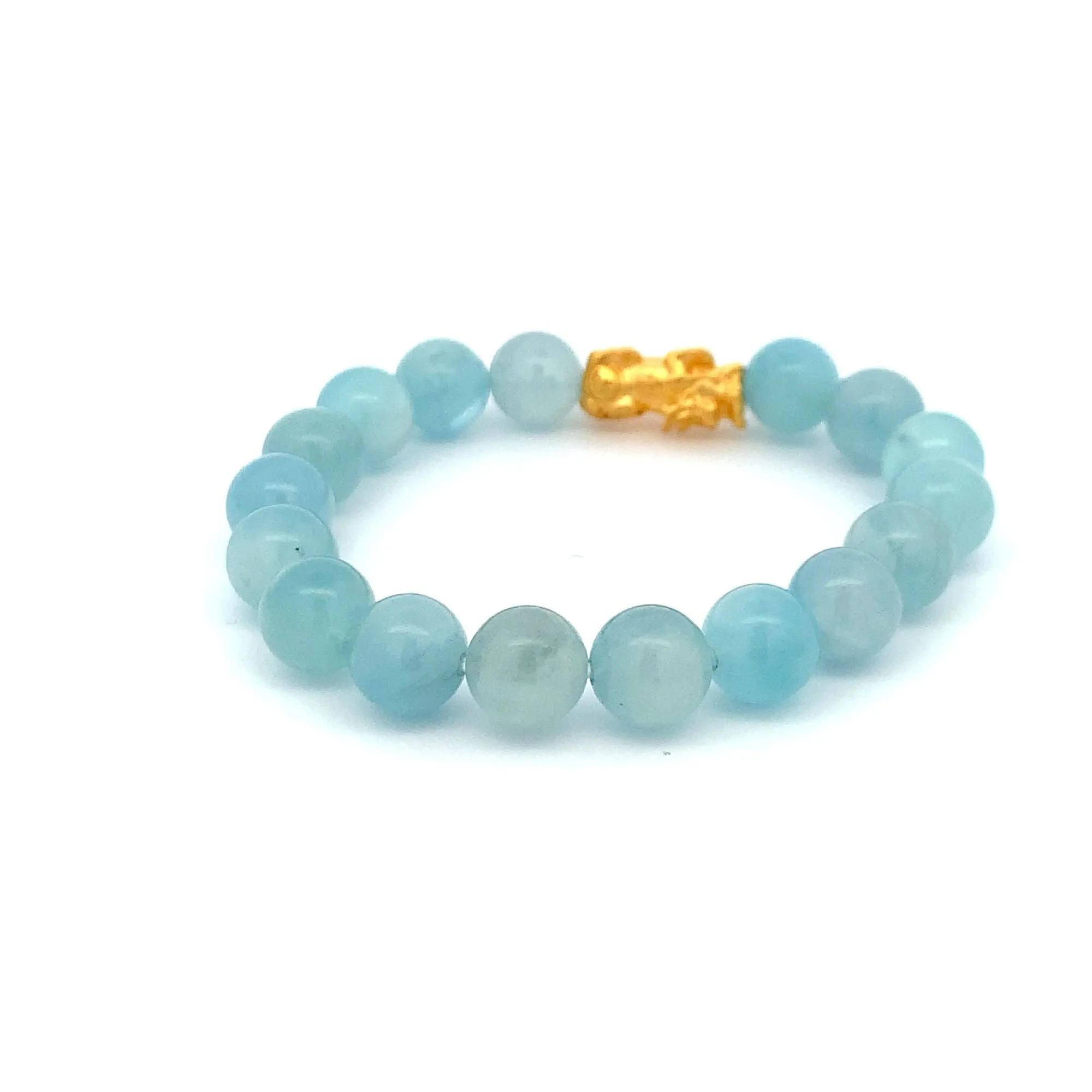 24K Gold Piyao Pixiu Lucky Charm Bracelet Gemstones Aquamarine Light Blue 9-10mm