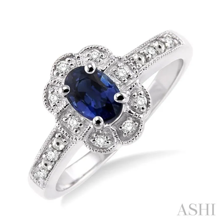 6x4 MM Oval Cut Sapphire and 1/20 ctw Single Cut Diamond Ring in Sterling Silver