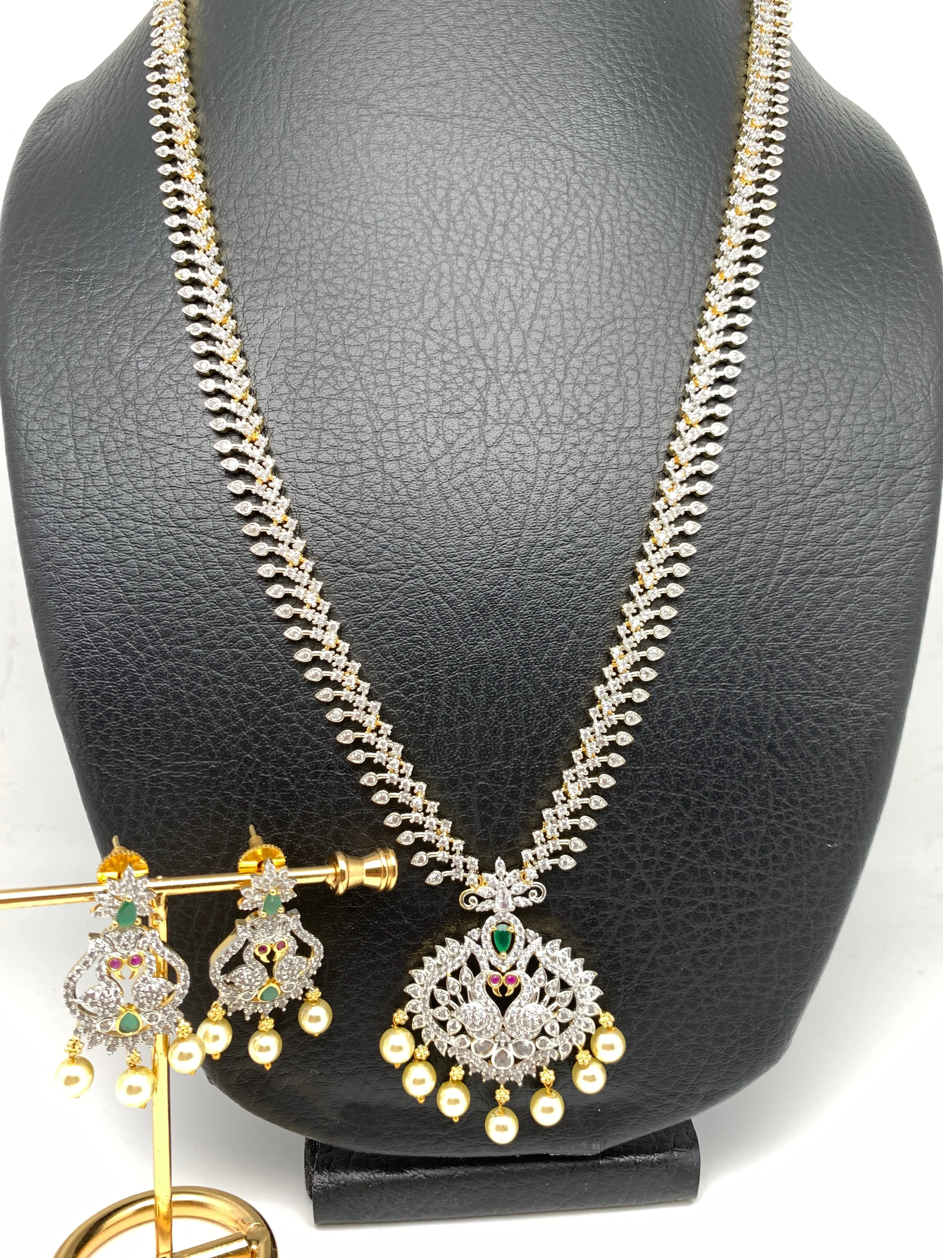 American Diamond Finish Red Stone Long Peacock Pattern Necklace with Perals