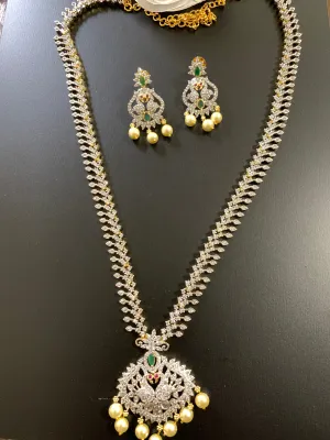 American Diamond Finish Red Stone Long Peacock Pattern Necklace with Perals