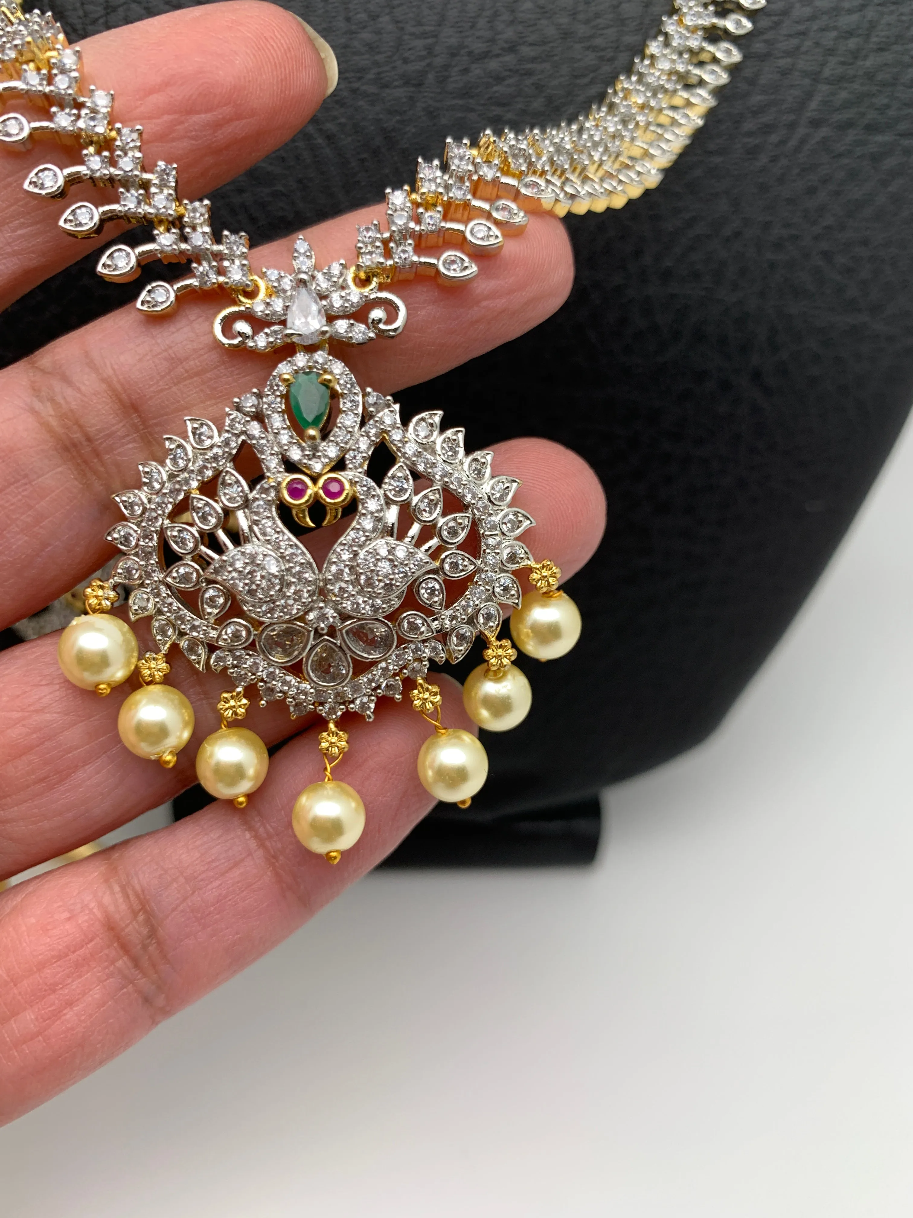 American Diamond Finish Red Stone Long Peacock Pattern Necklace with Perals