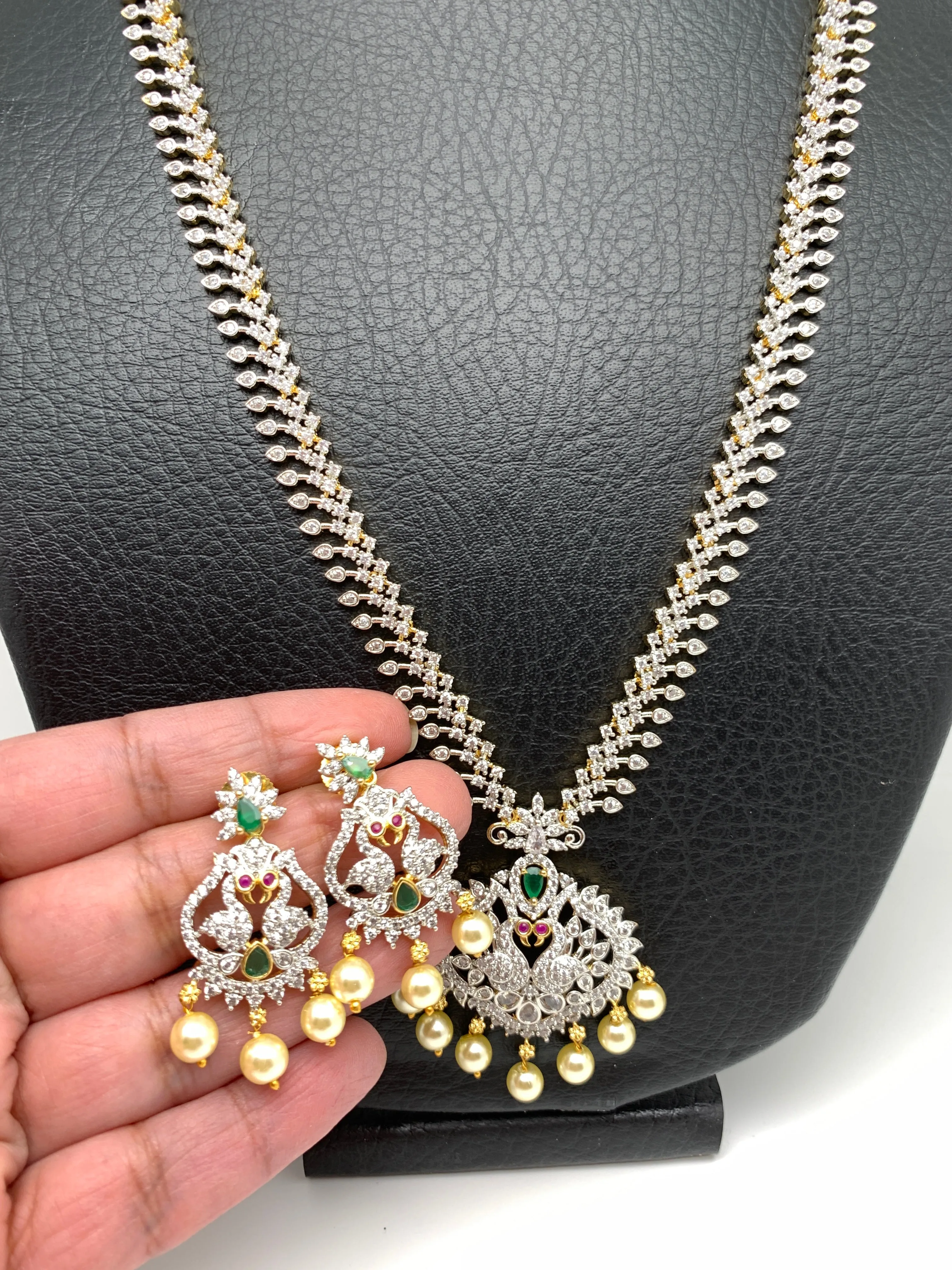 American Diamond Finish Red Stone Long Peacock Pattern Necklace with Perals