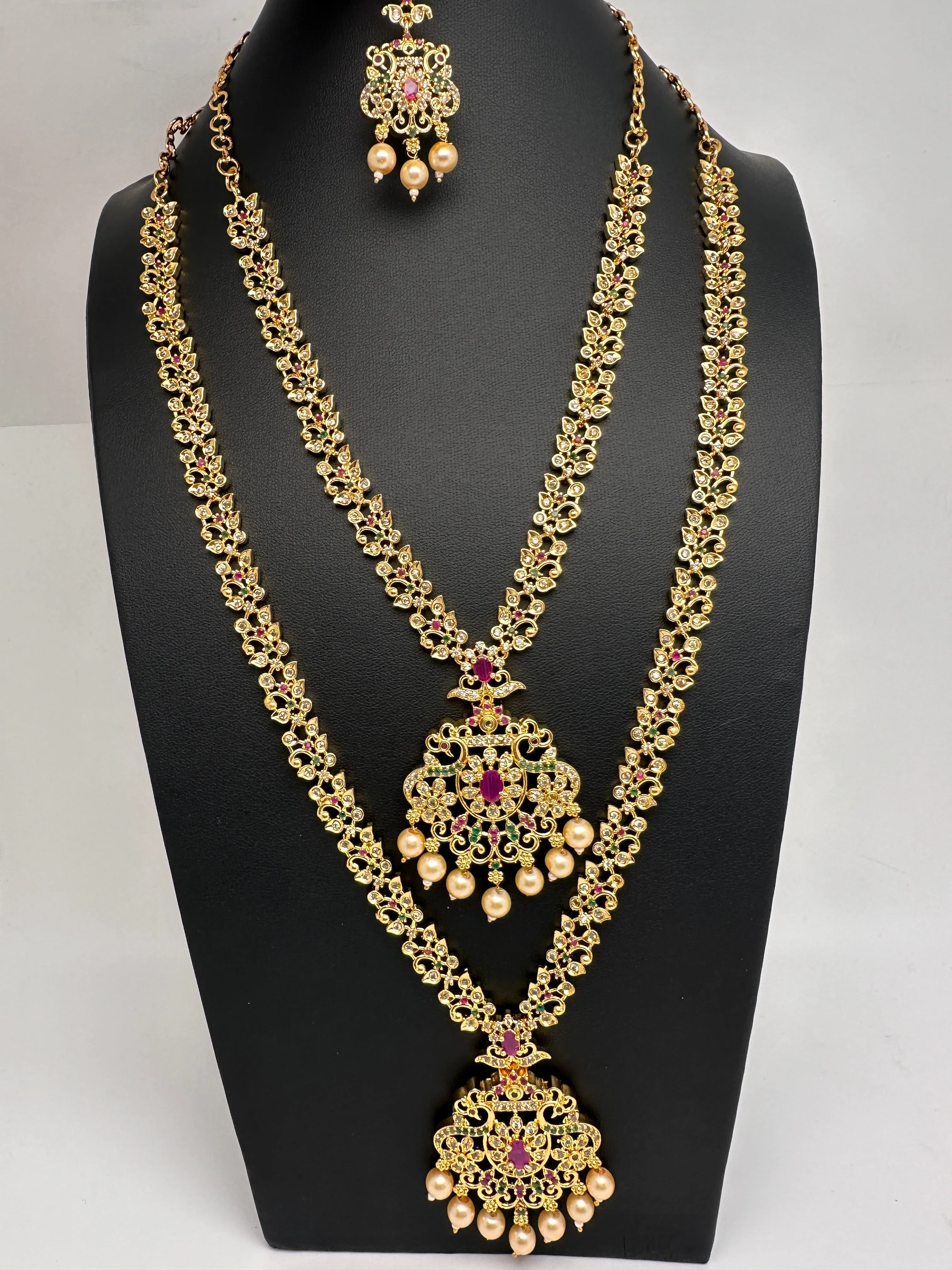 American Diamond Golden Red Green Stone Long Short Combo Necklace Set