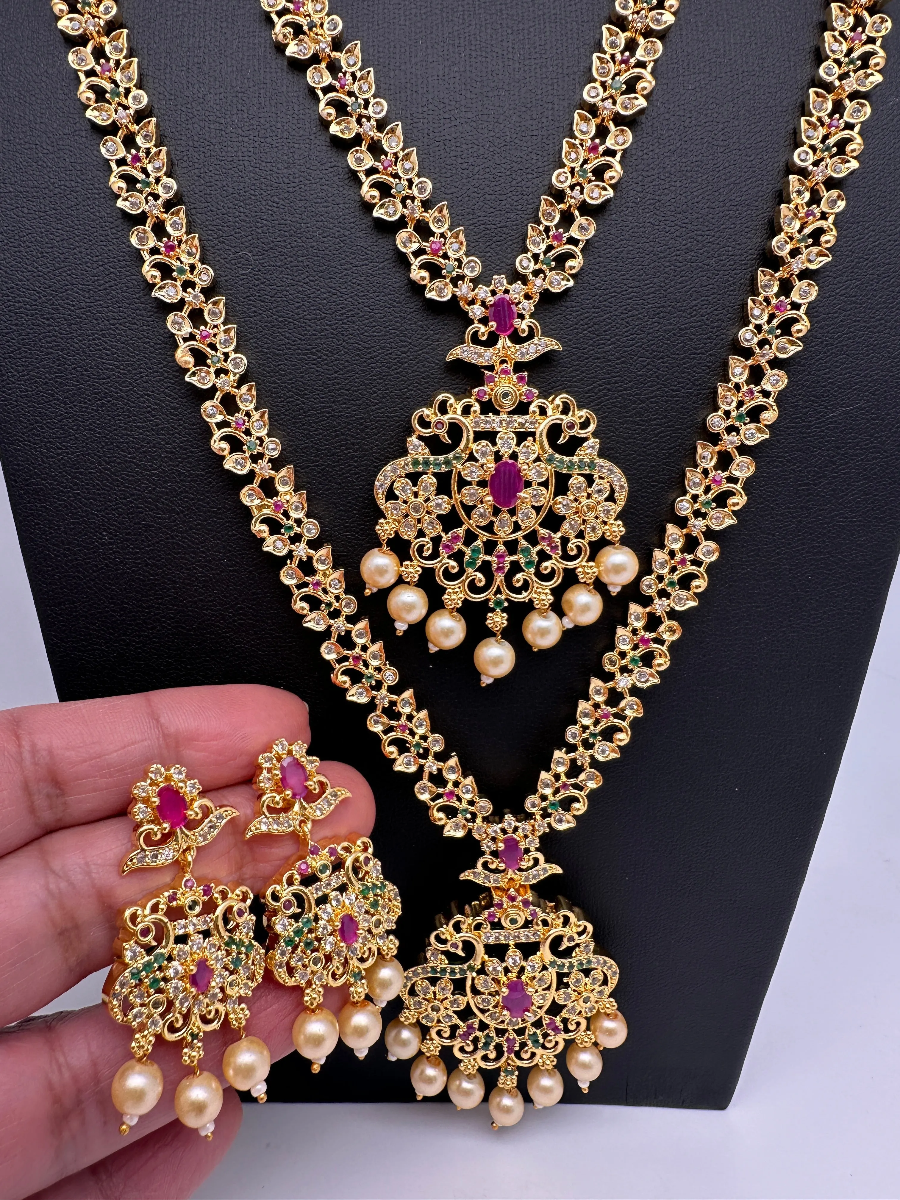 American Diamond Golden Red Green Stone Long Short Combo Necklace Set