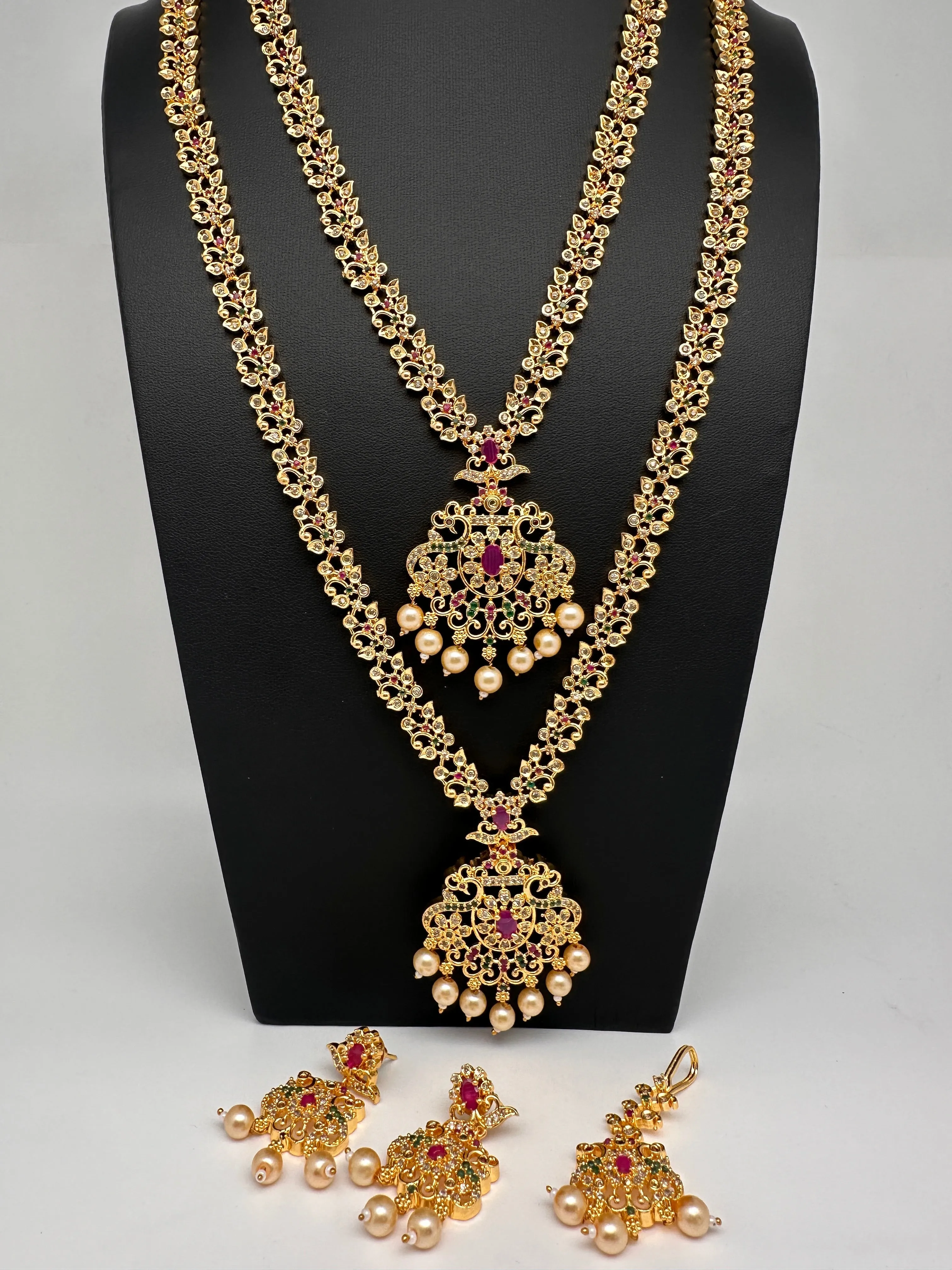 American Diamond Golden Red Green Stone Long Short Combo Necklace Set