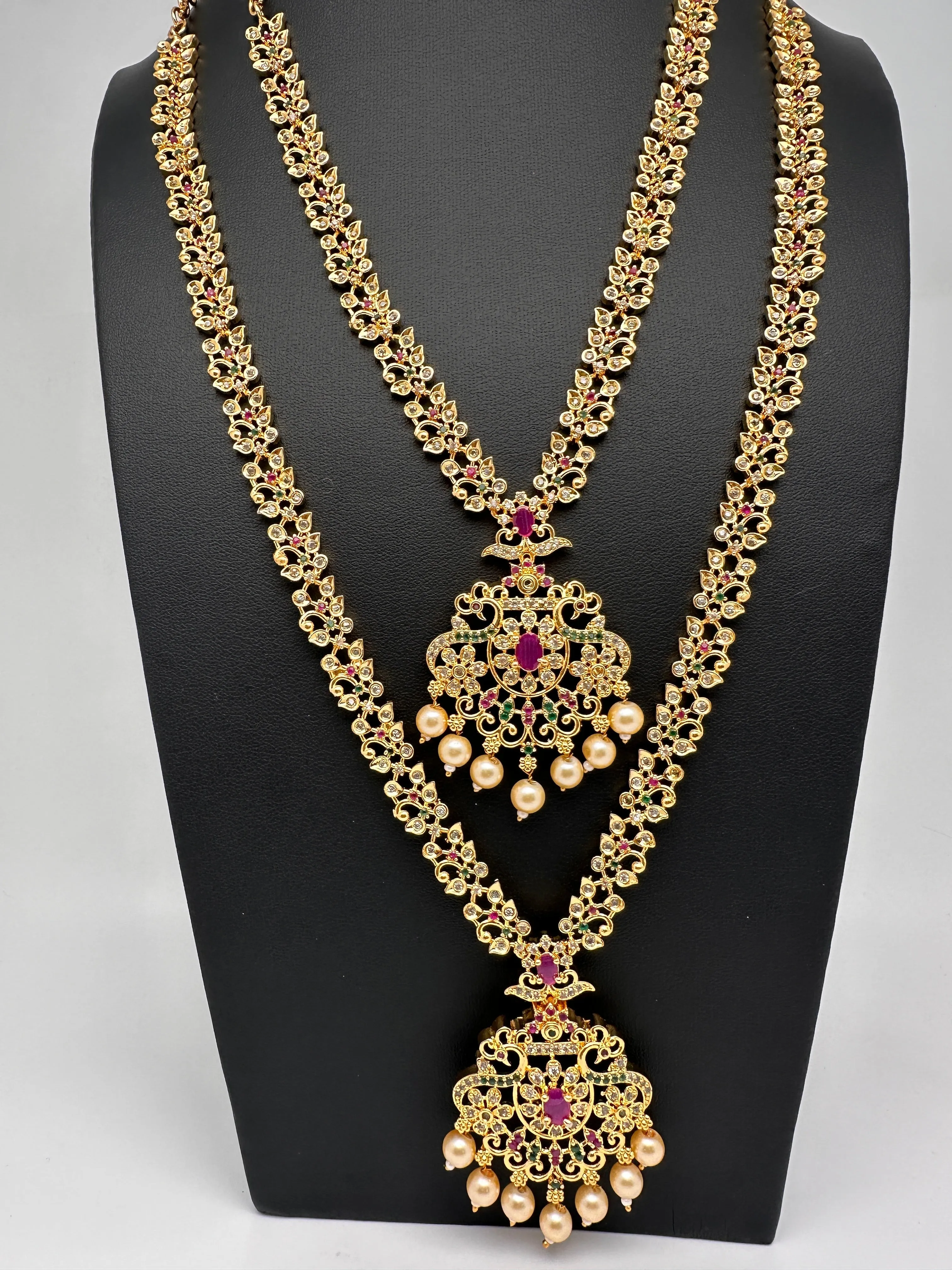 American Diamond Golden Red Green Stone Long Short Combo Necklace Set