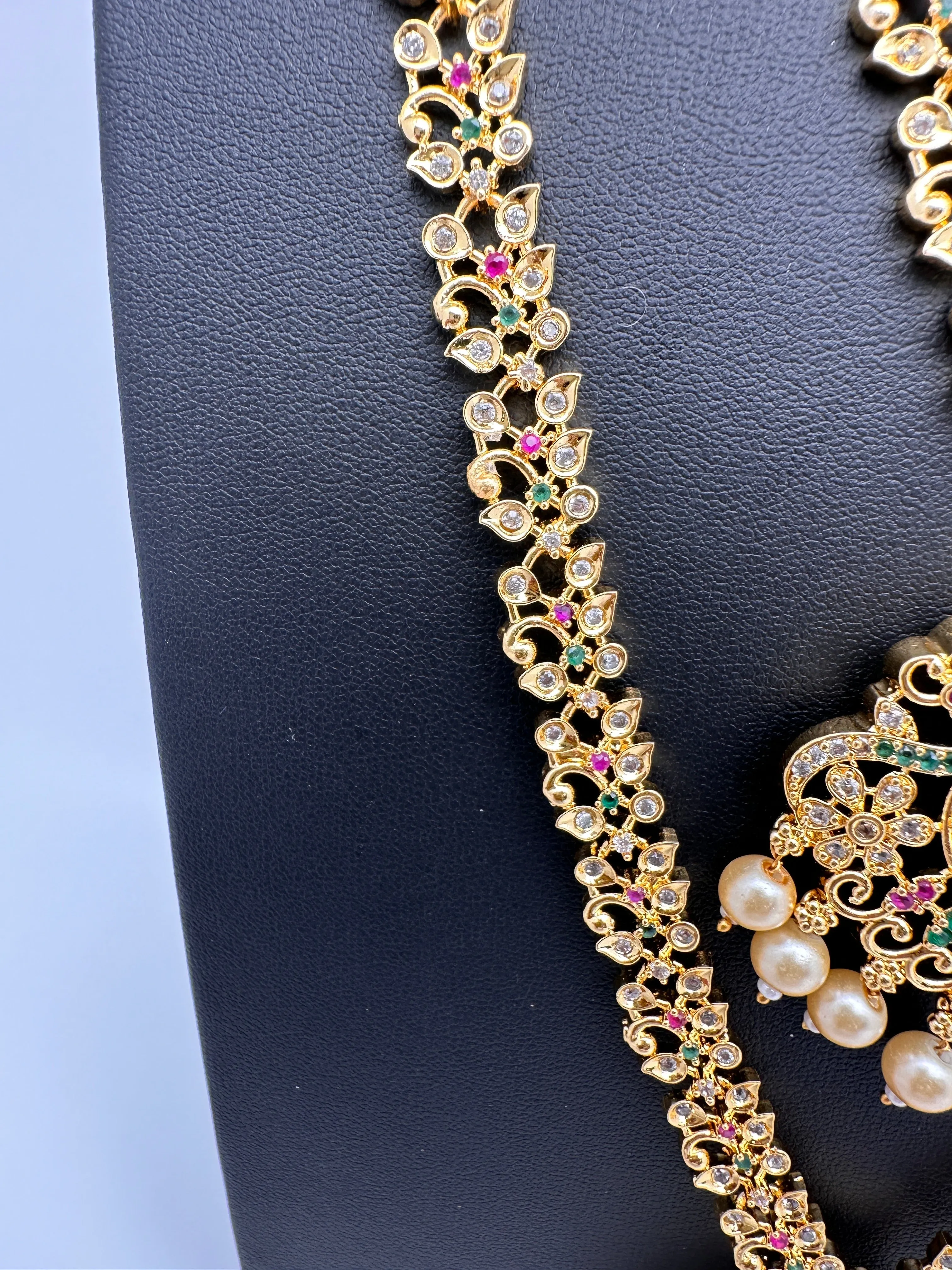 American Diamond Golden Red Green Stone Long Short Combo Necklace Set