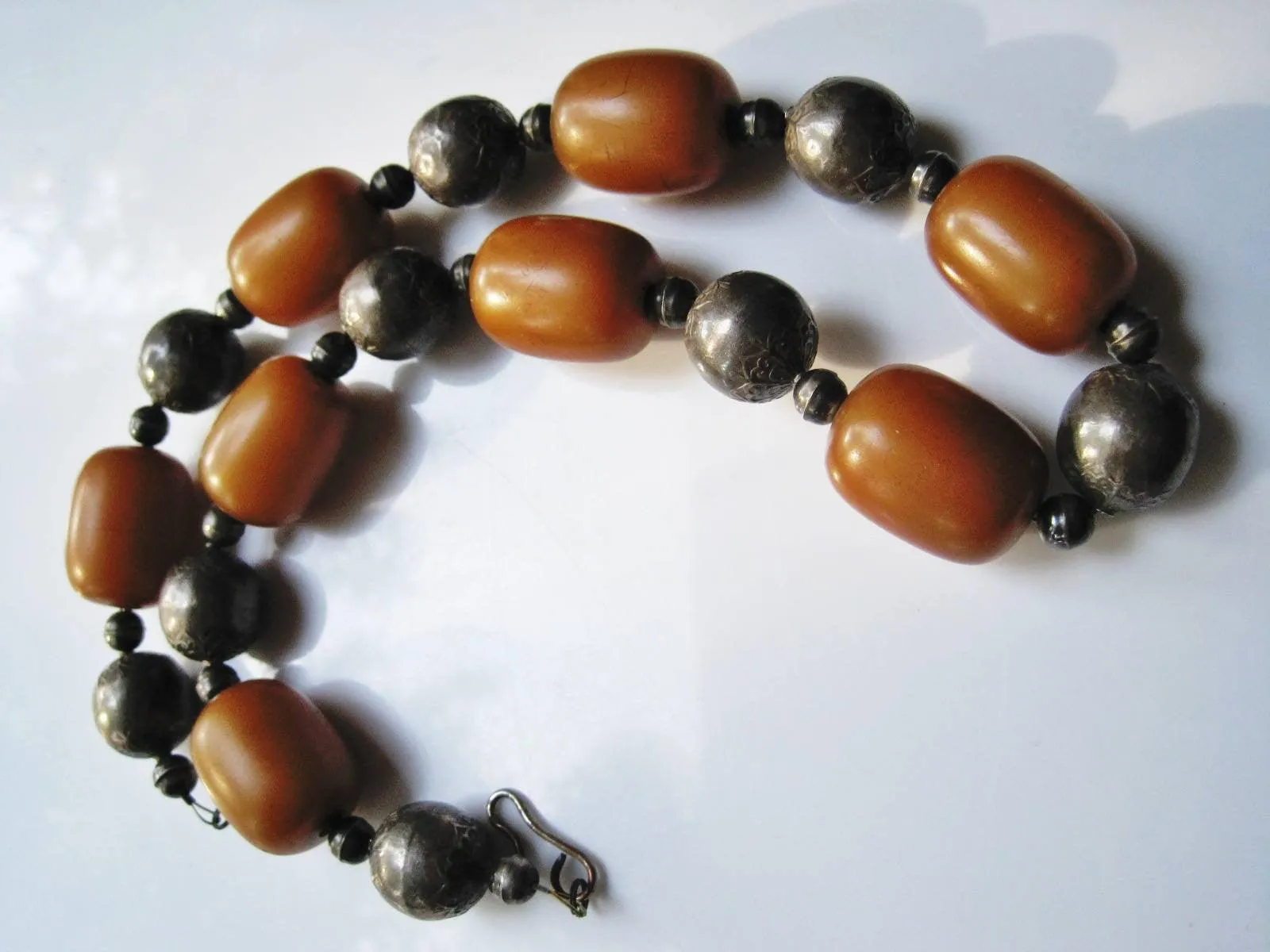 Antique Butterscotch Bakelite and Silver Necklace