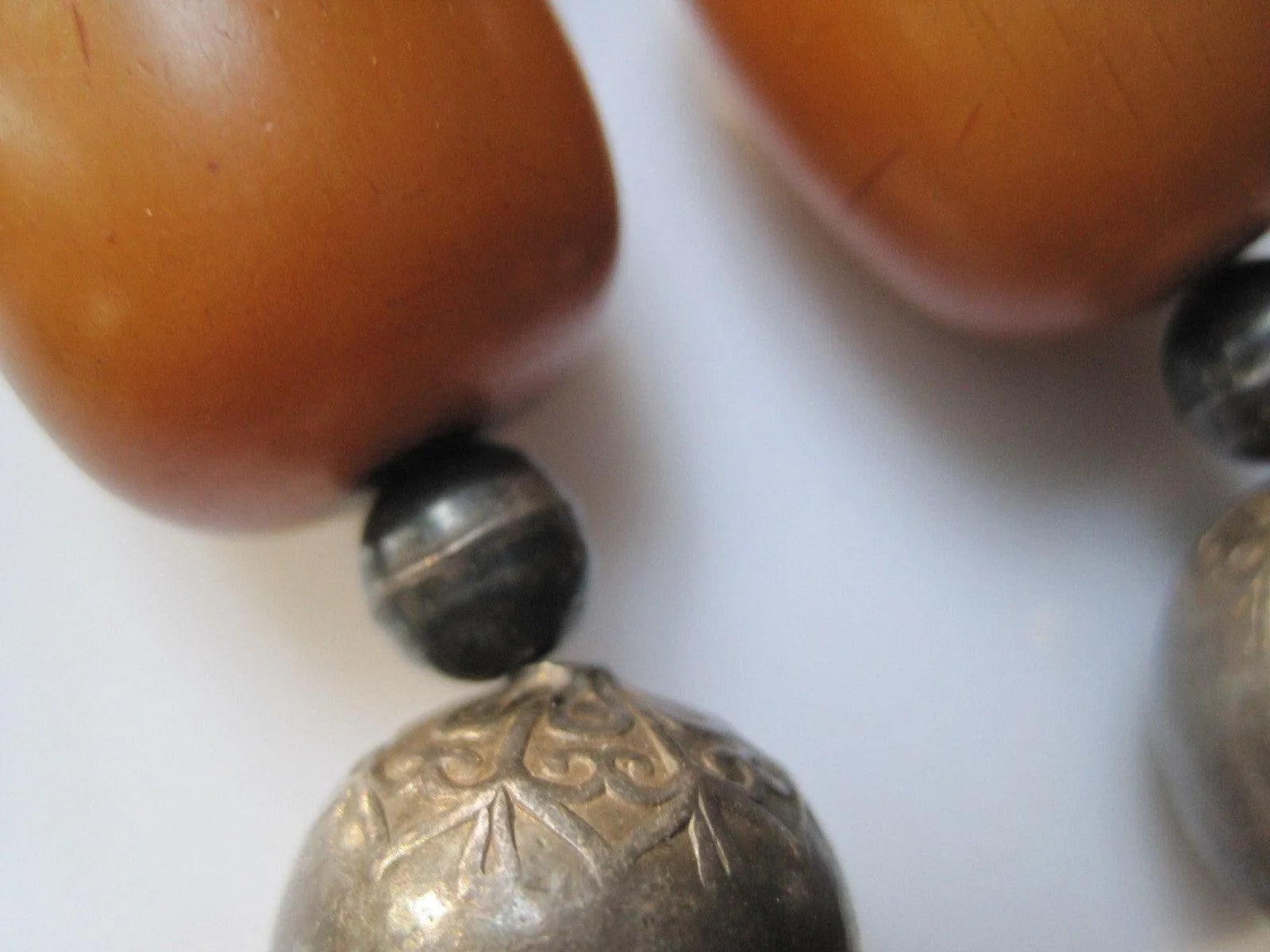 Antique Butterscotch Bakelite and Silver Necklace