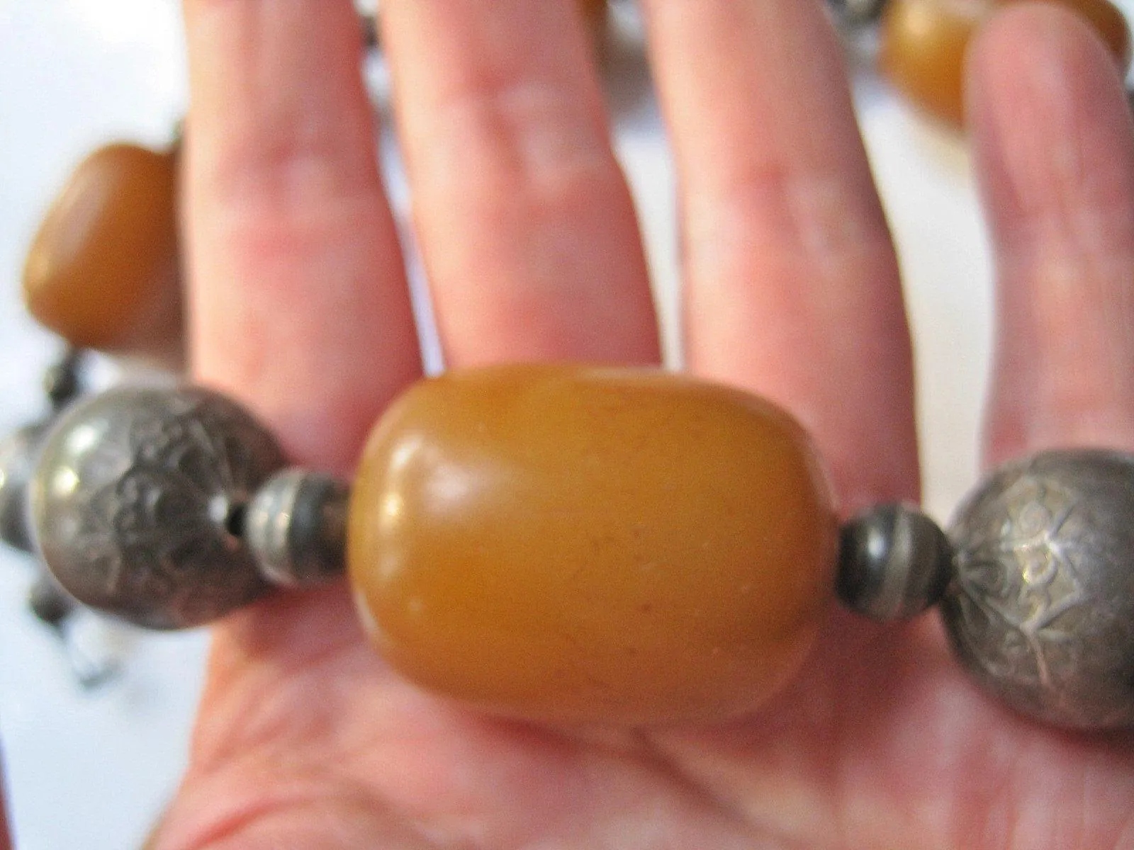Antique Butterscotch Bakelite and Silver Necklace