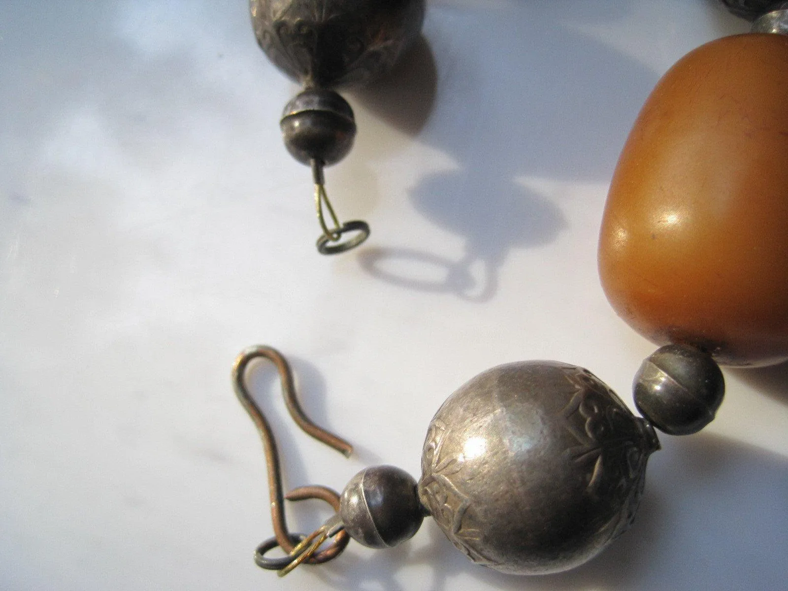 Antique Butterscotch Bakelite and Silver Necklace