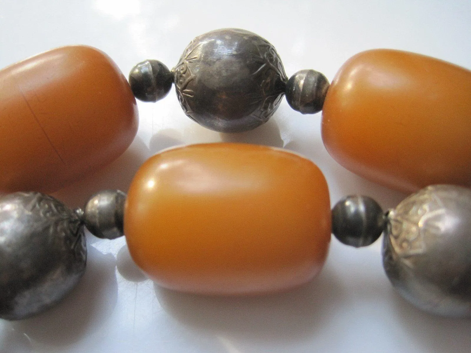 Antique Butterscotch Bakelite and Silver Necklace