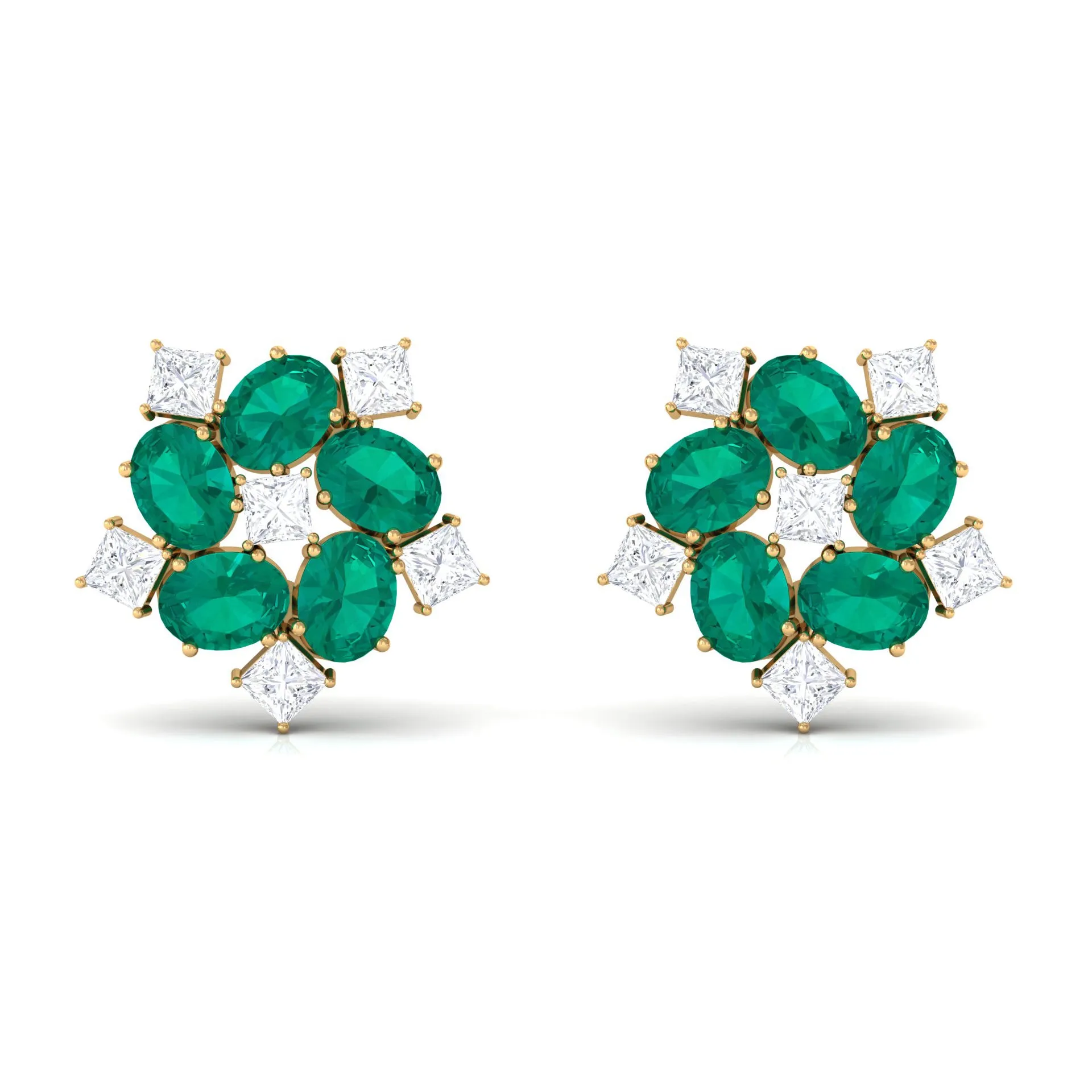 Cluster Stud Earrings with Emerald and Moissanite