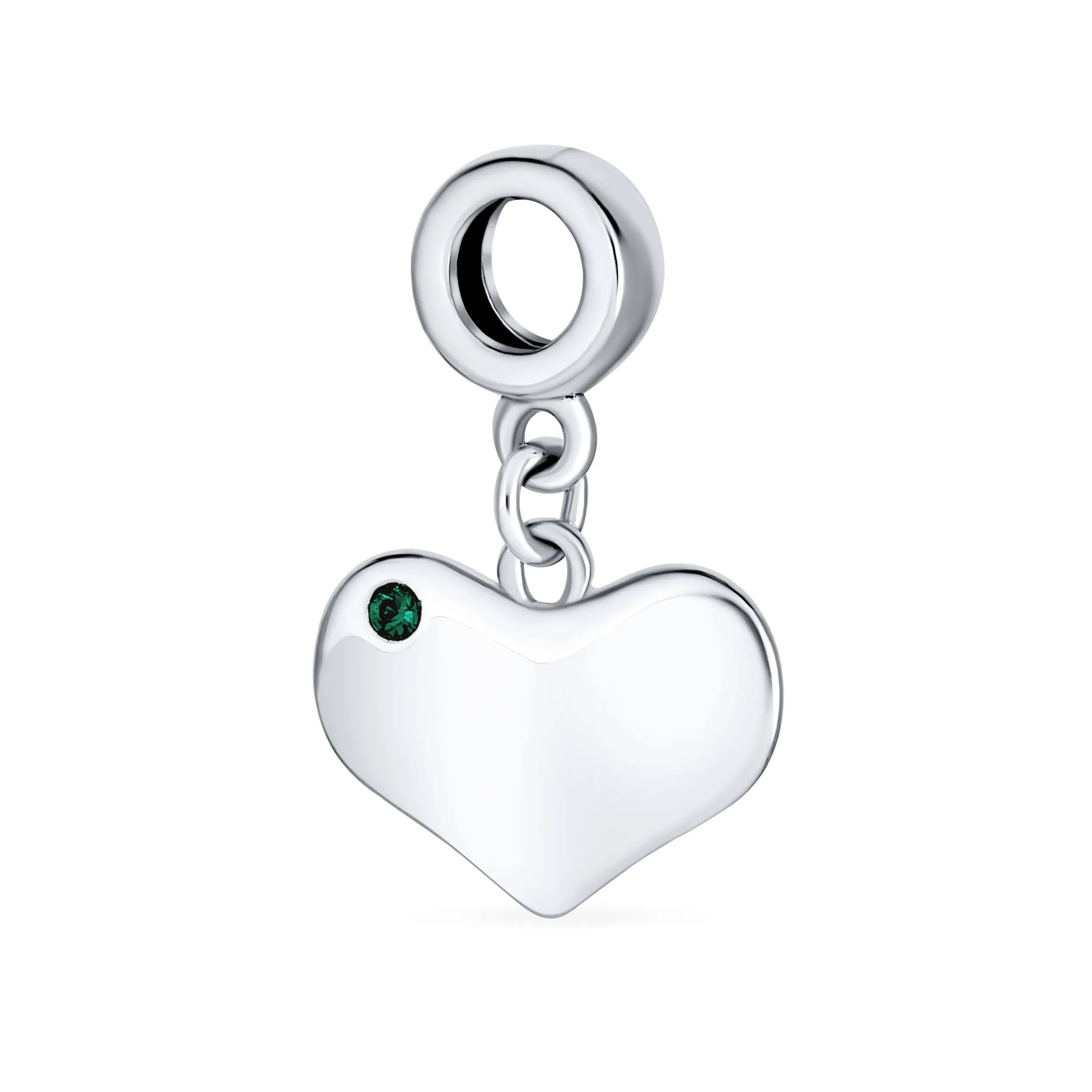 Crystal Accent Dangle Heart Shape Charm Bead .925 Sterling Silver