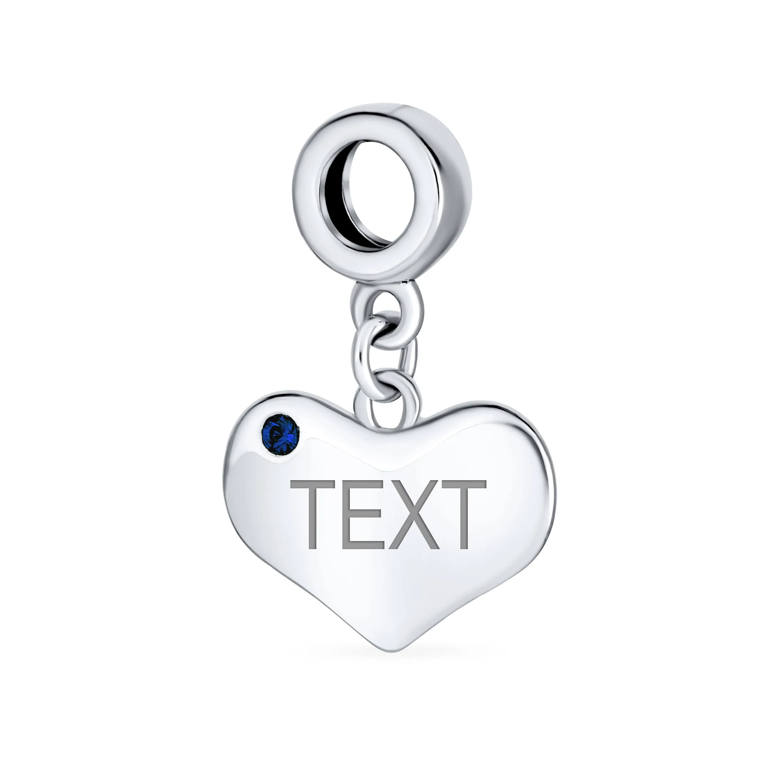 Crystal Accent Dangle Heart Shape Charm Bead .925 Sterling Silver