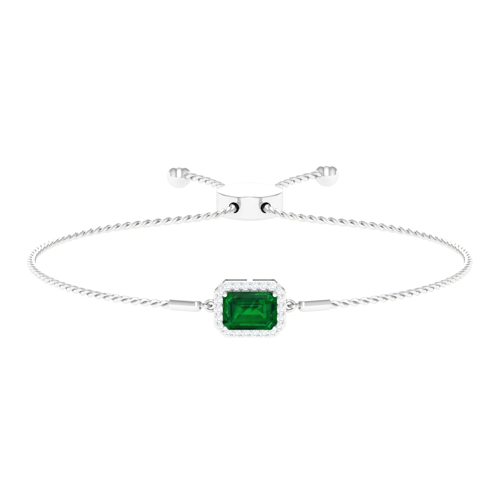 Emerald Cut Created Emerald Bolo Chain Bracelet With Diamond Halo