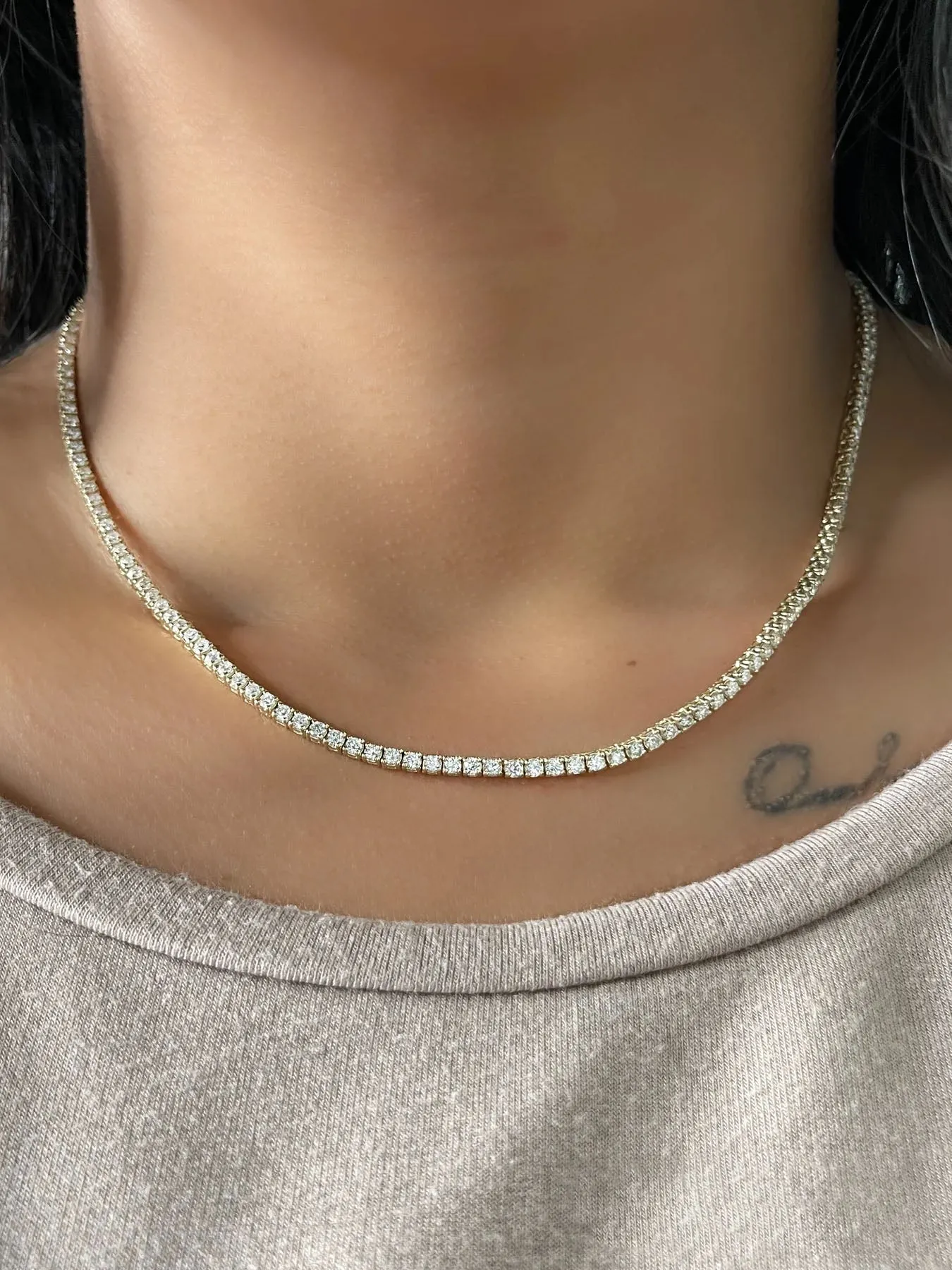 Four Prong Round Diamond 14K Gold Tennis Necklace