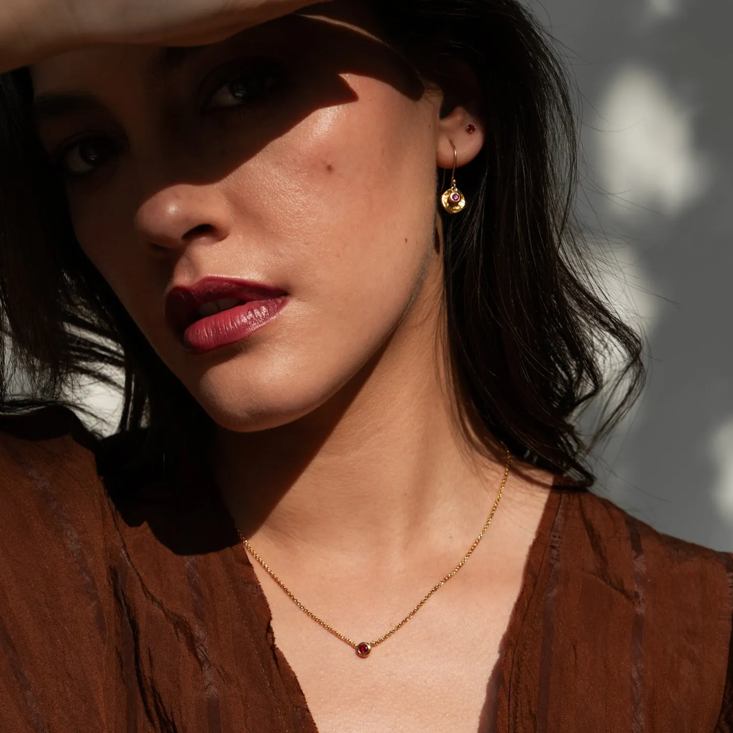 Hammered Disc & Ruby  Array Earrings
