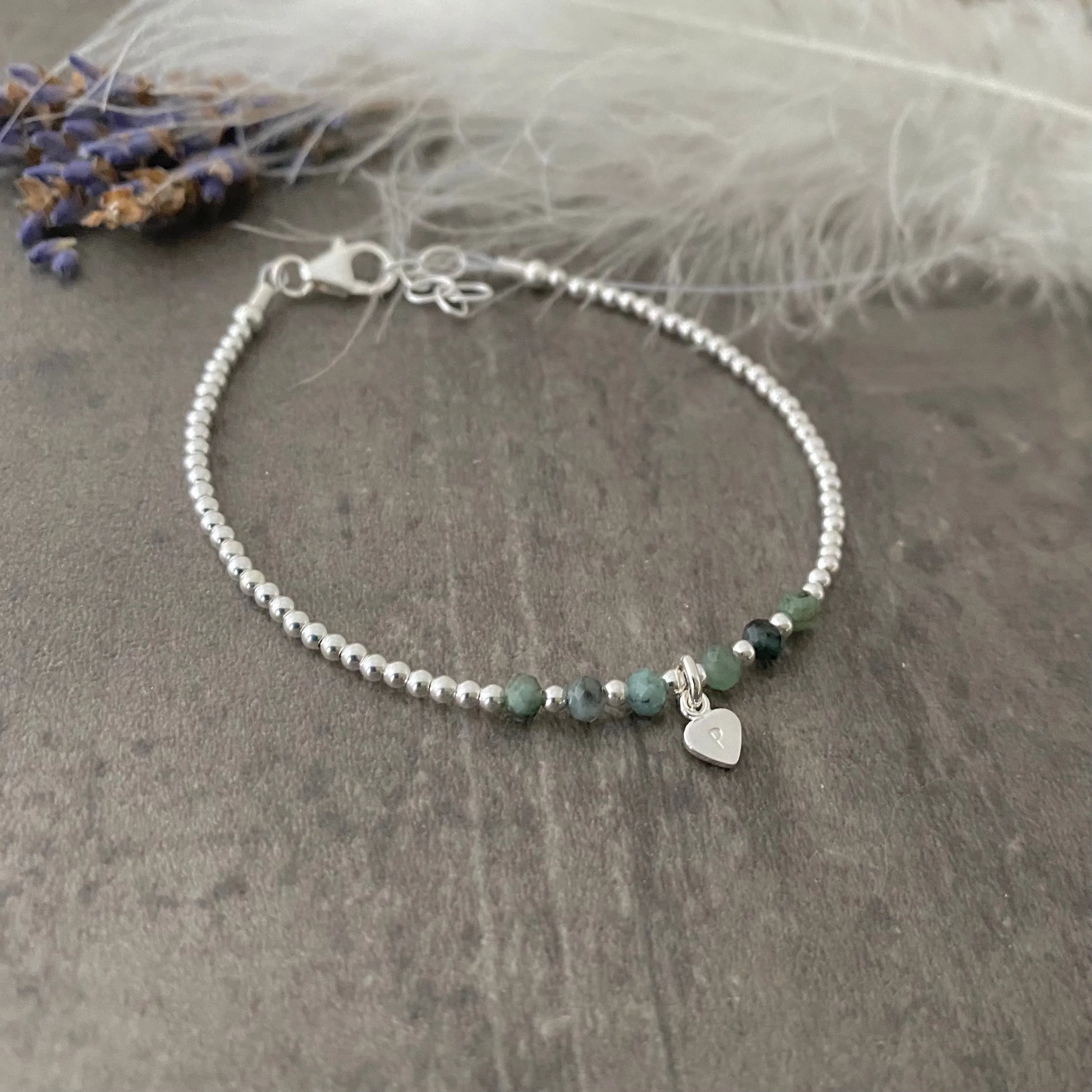 Personalised Emerald Bracelet, Dainty May Birthstone Jewellery in Sterling Silver