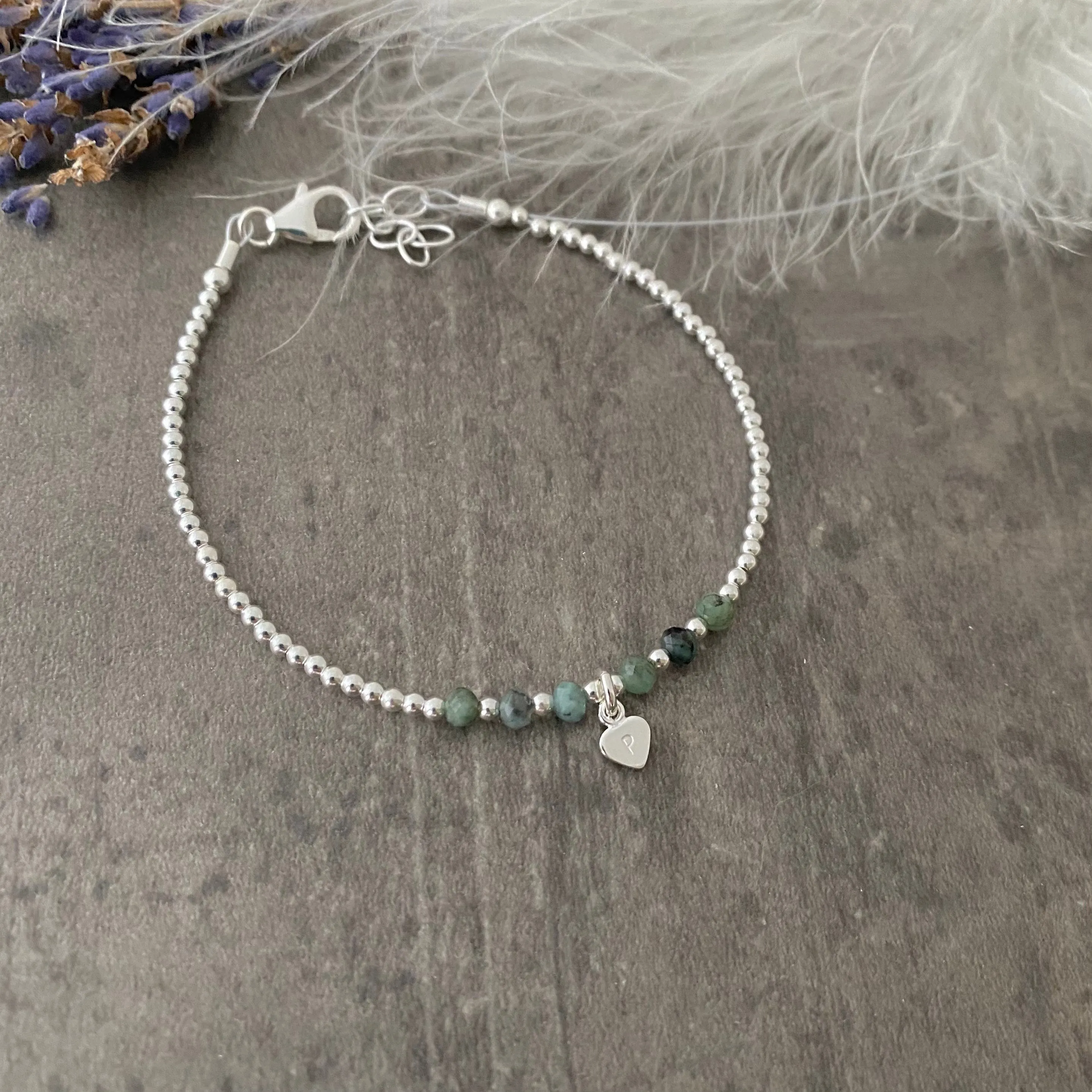 Personalised Emerald Bracelet, Dainty May Birthstone Jewellery in Sterling Silver