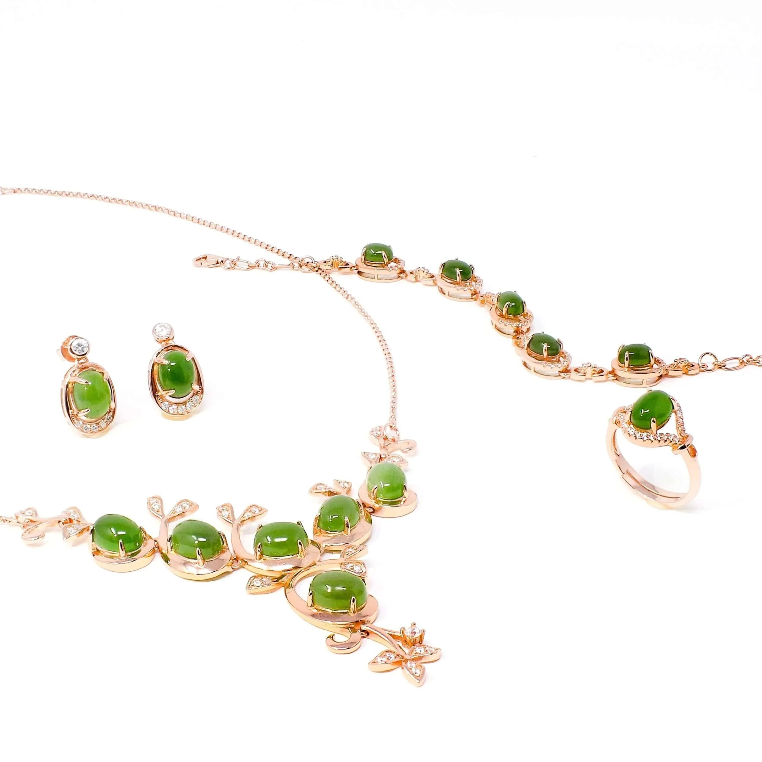 "Prosperity" Genuine Nephrite Green Jade Sterling Silver Matching Set
